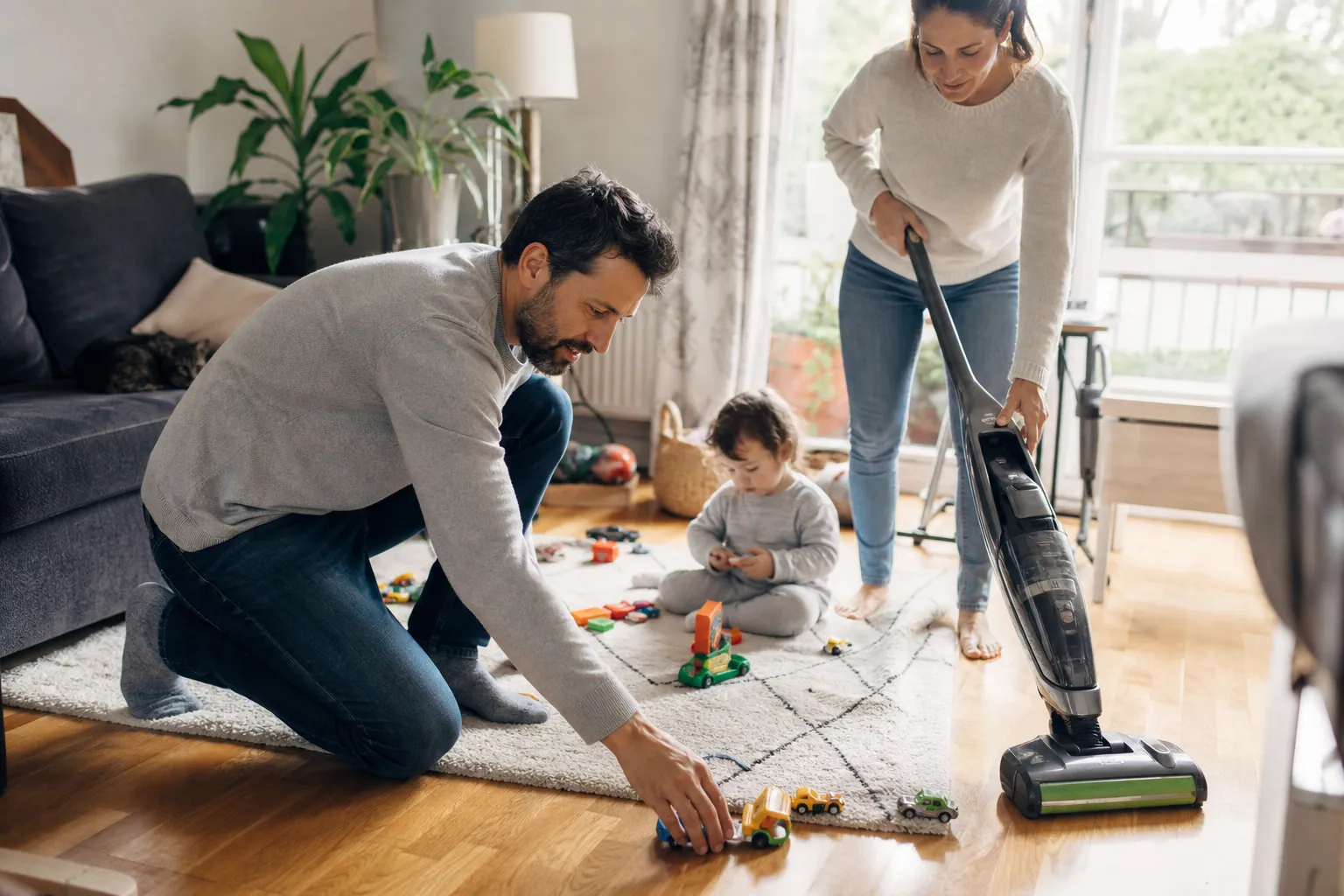Famille française choisissant un aspirateur écologique dans un salon lumineux
