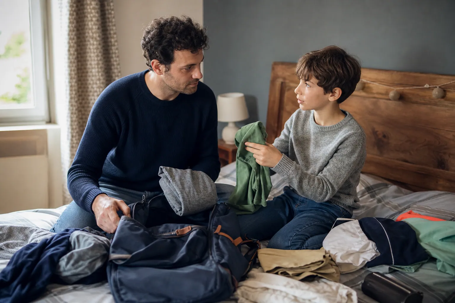 Parent et enfant préparent une valise avant un camp de vacances