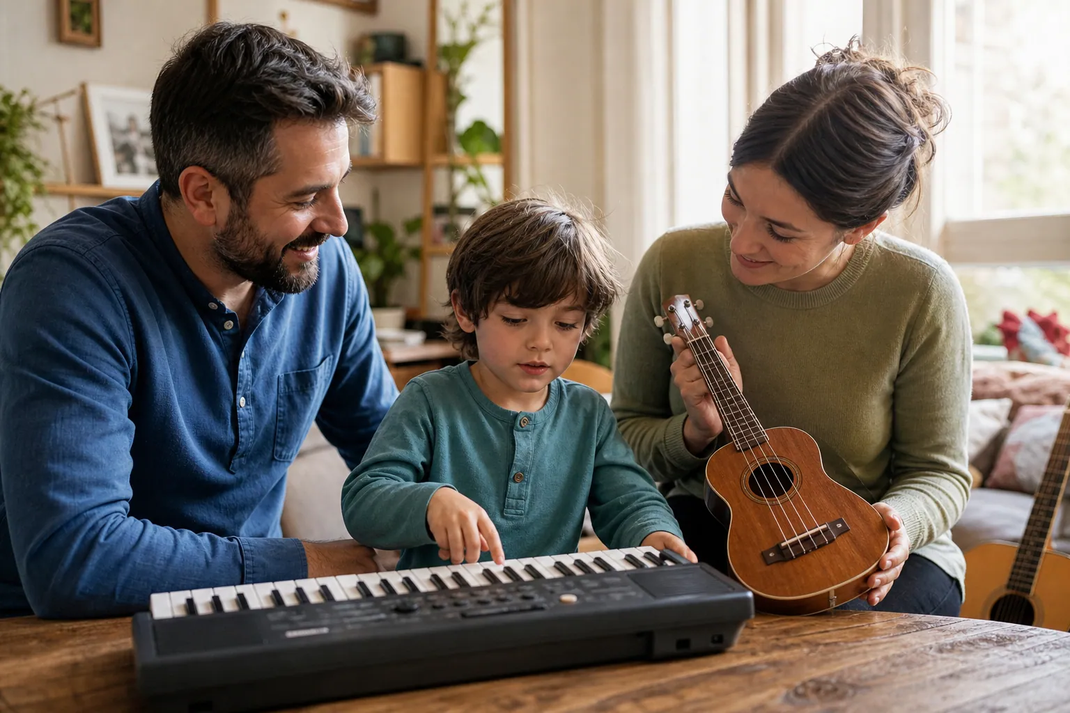 Enfant essayant un petit clavier avec ses parents dans un salon lumineux et chaleureux