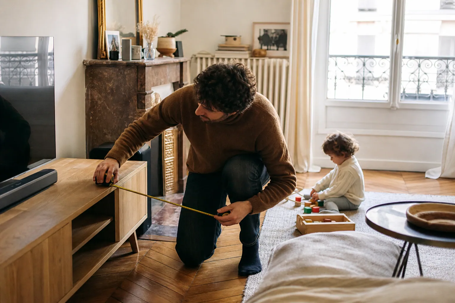 Parent mesurant un meuble TV dans un salon familial lumineux, avec un enfant à proximité.