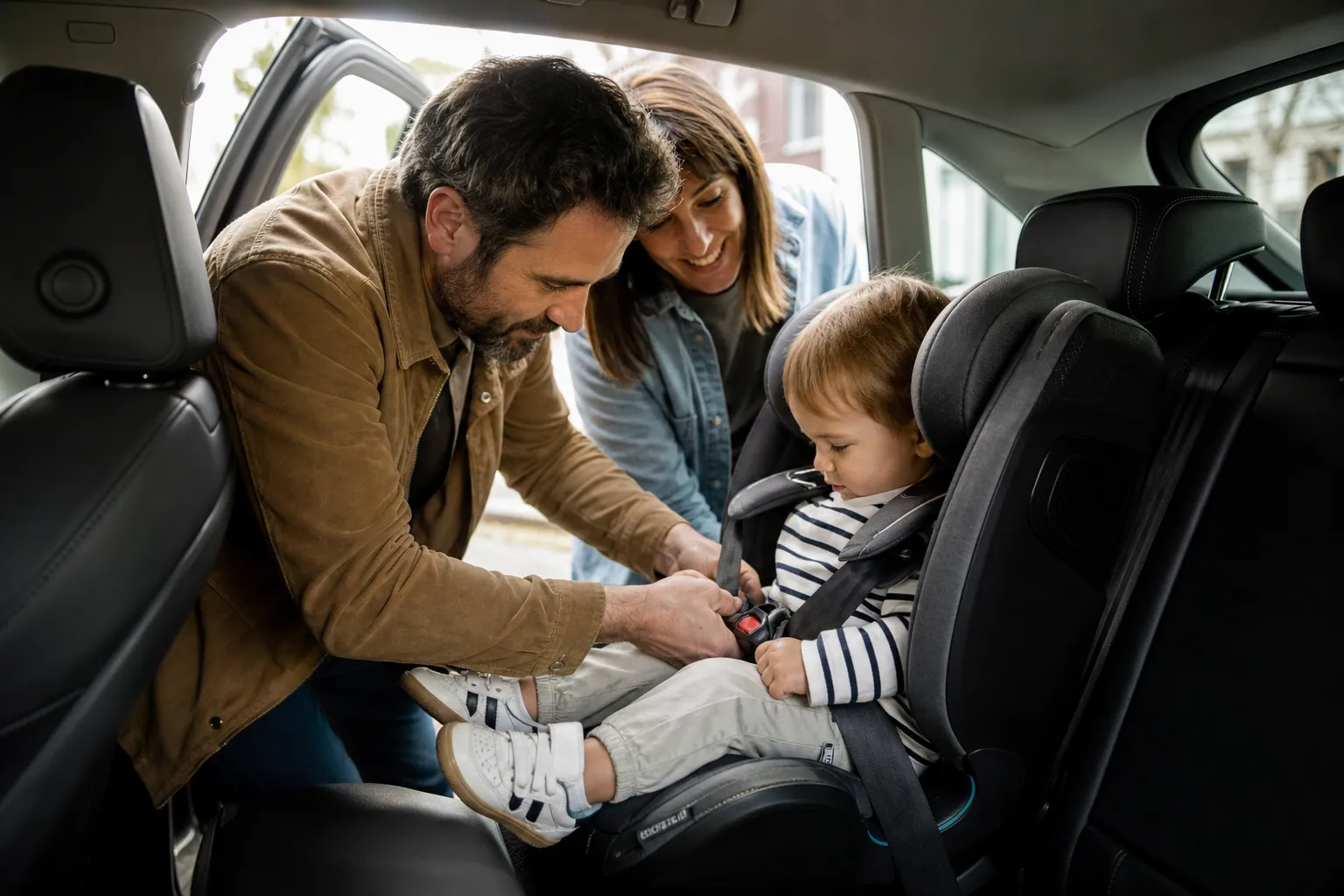 Parent installant un siège auto enfant dans la voiture familiale