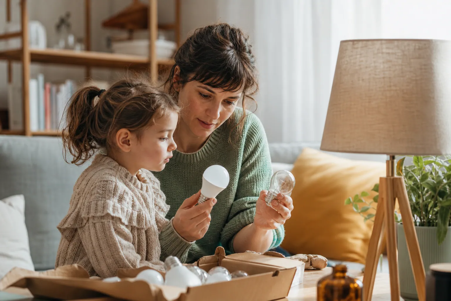 Parent et enfant choisissant une ampoule LED dans un salon chaleureux
