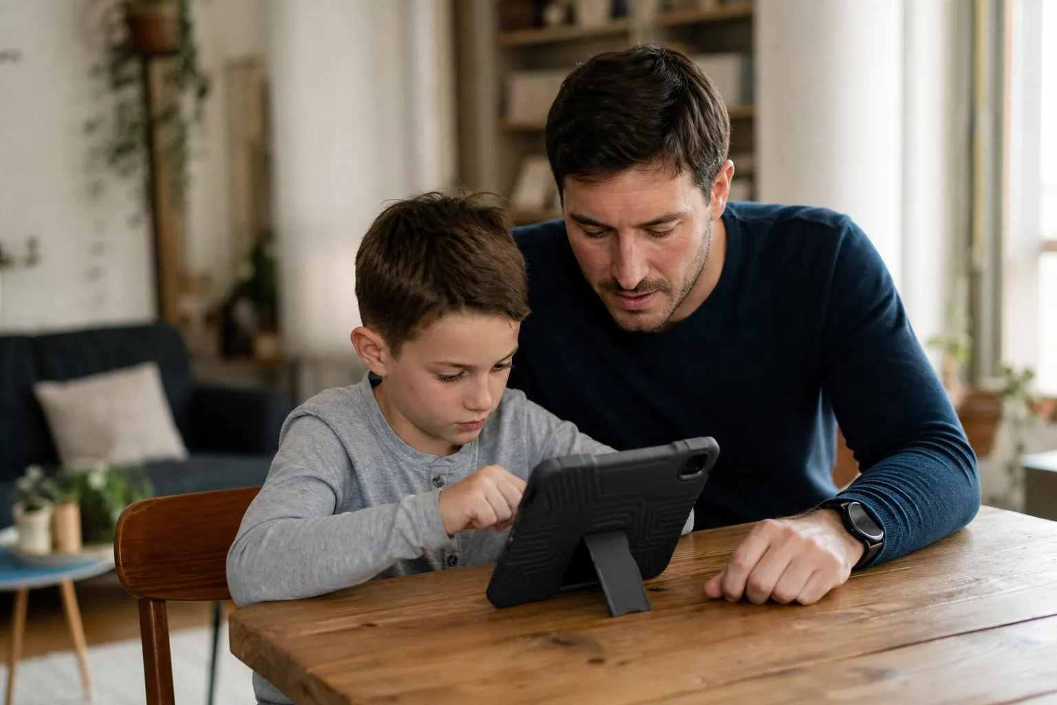 Parent et enfant utilisant une tablette protégée à la maison