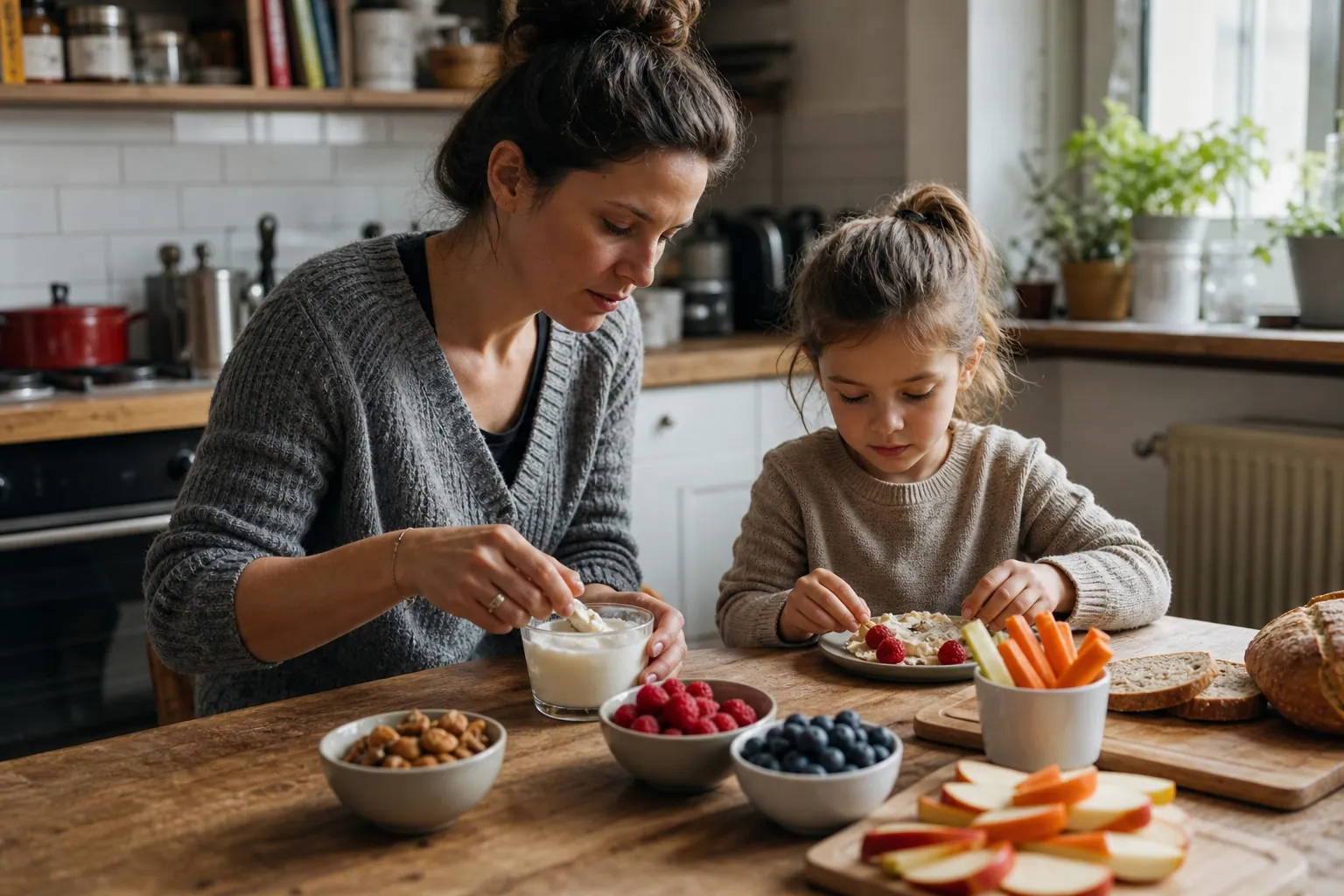 Parent et enfant préparent un goûter équilibré avec yaourt, fruits et noix dans une cuisine lumineuse.