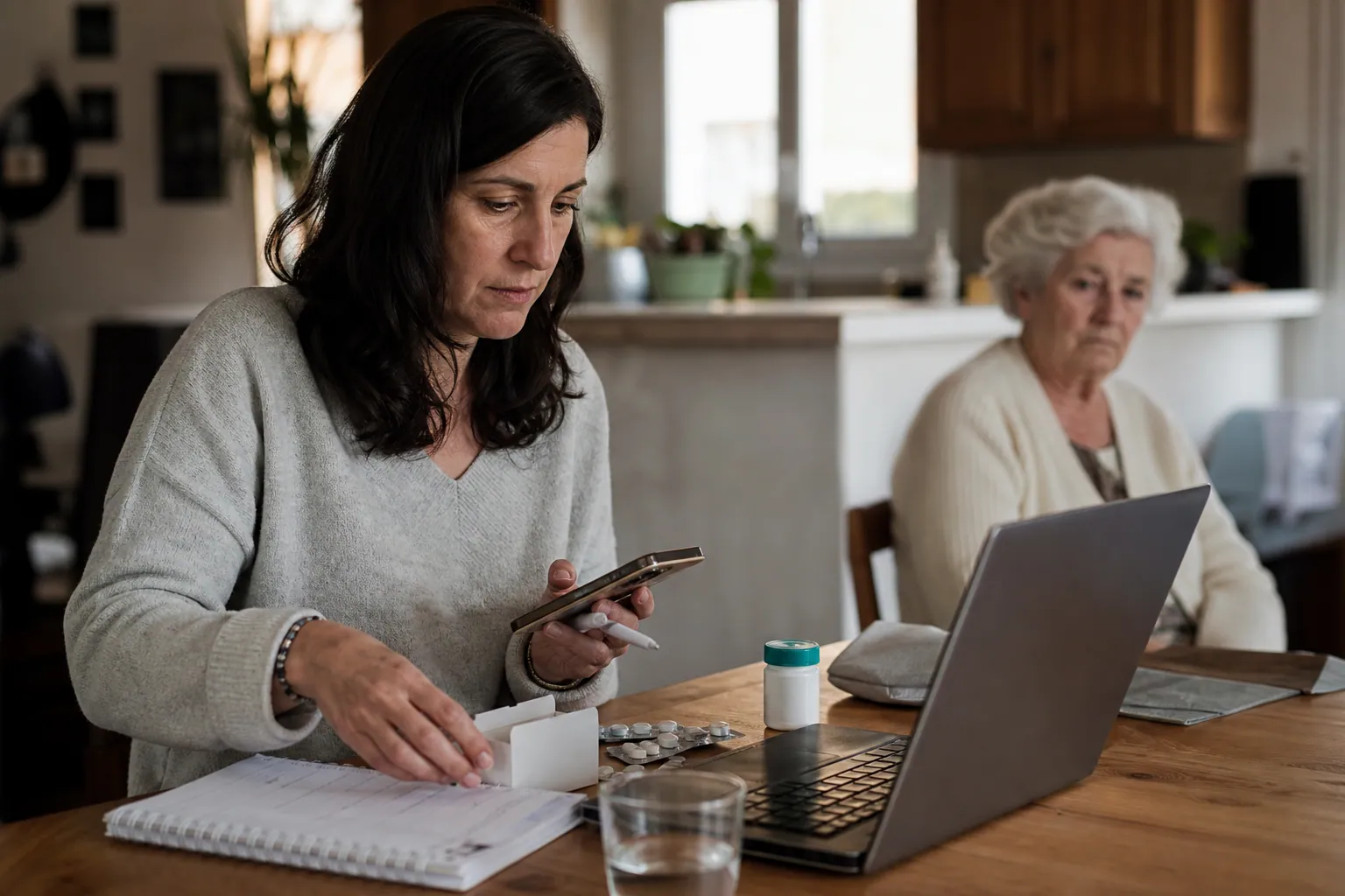 Parent aidant travaillant sur ordinateur à la maison tout en aidant un proche âgé