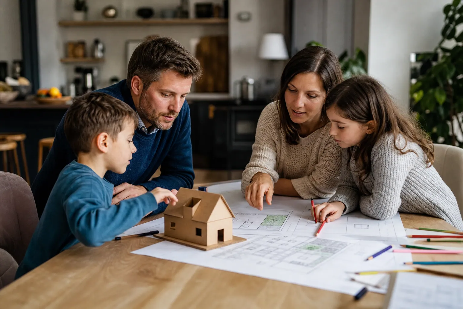 Famille réunie autour de plans et d’une maquette de maison en carton