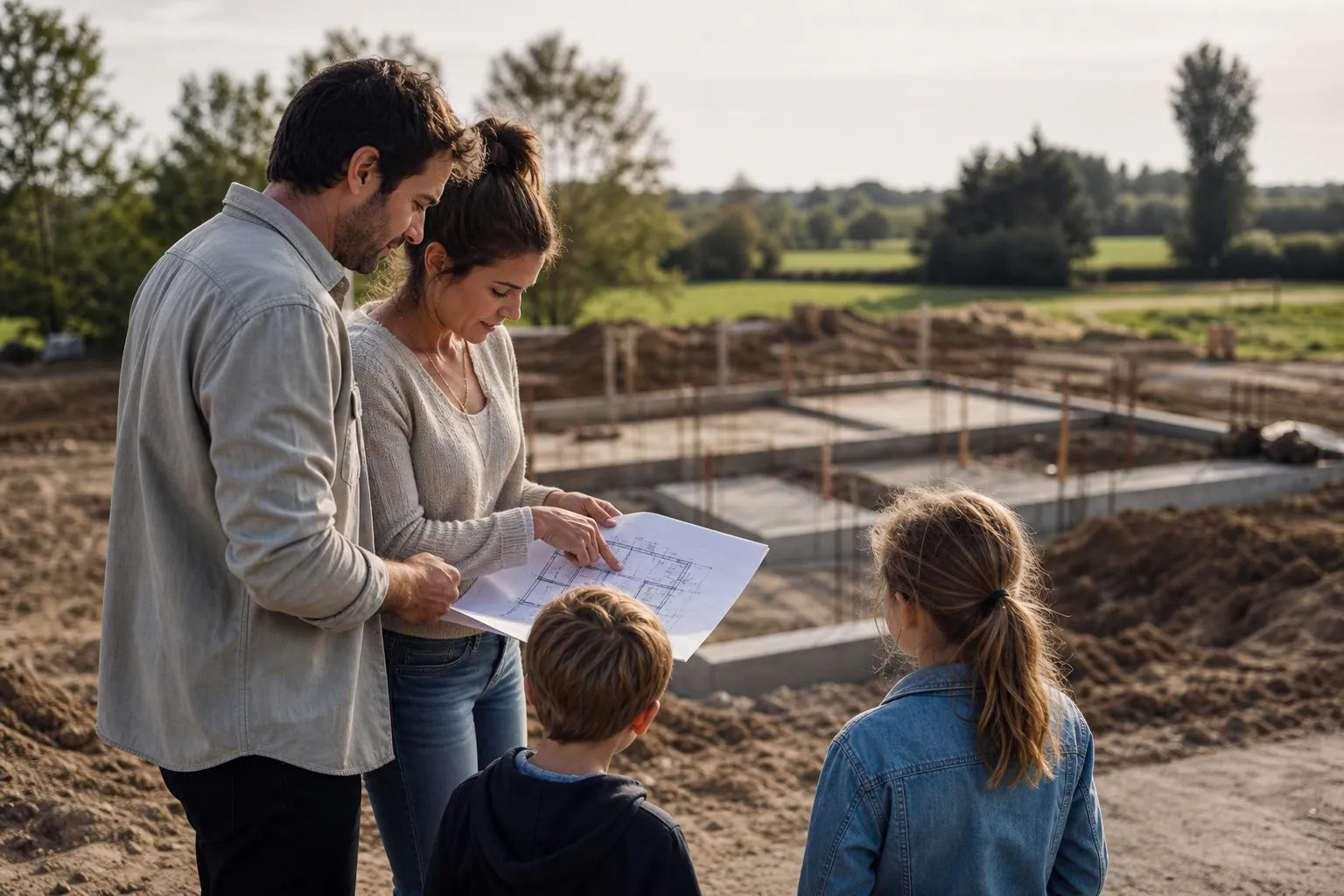 Famille française sur un chantier, plans en main, regardant la future maison familiale.