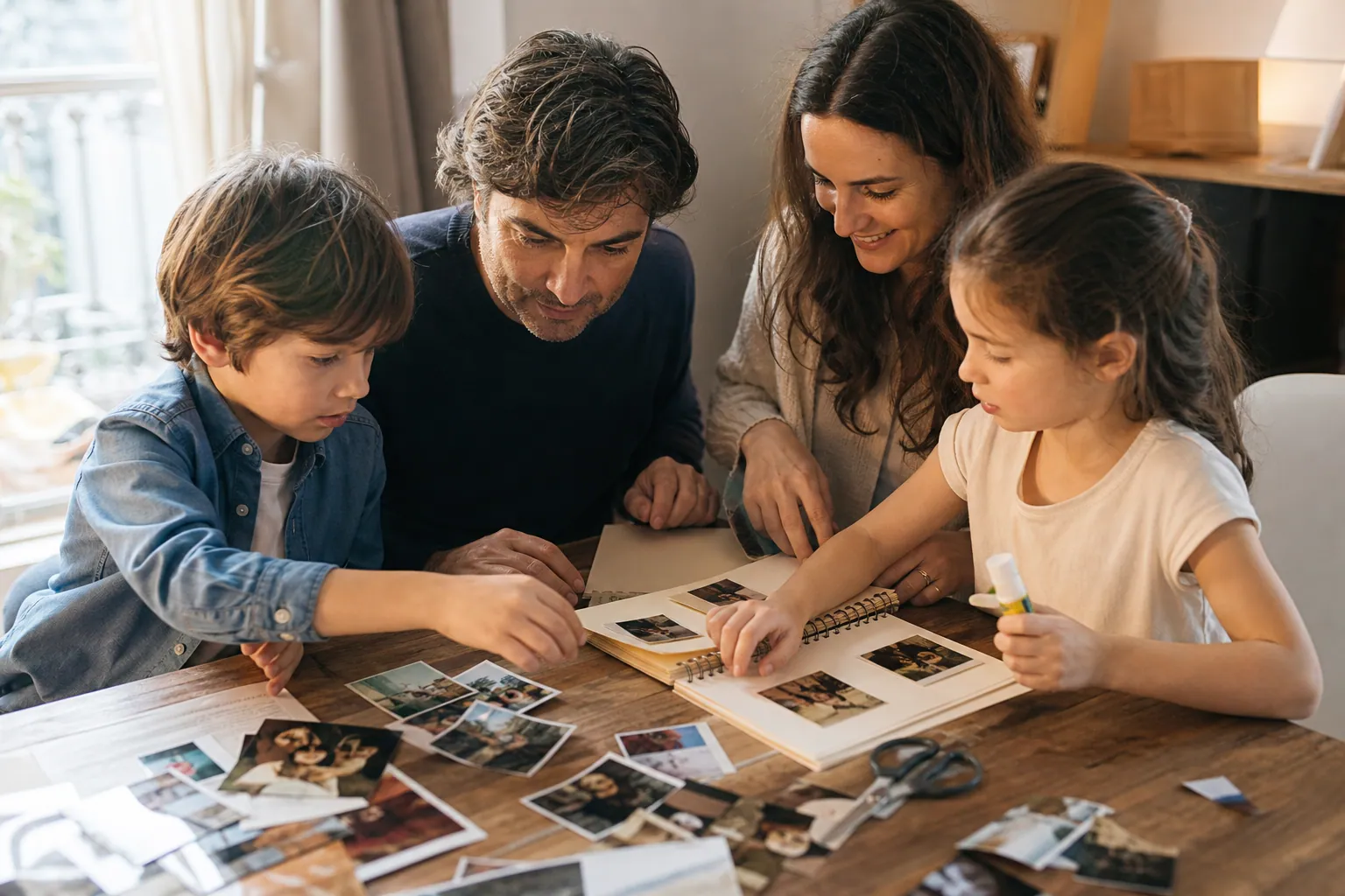 Famille française feuilletant et créant un album photo autour d’une table