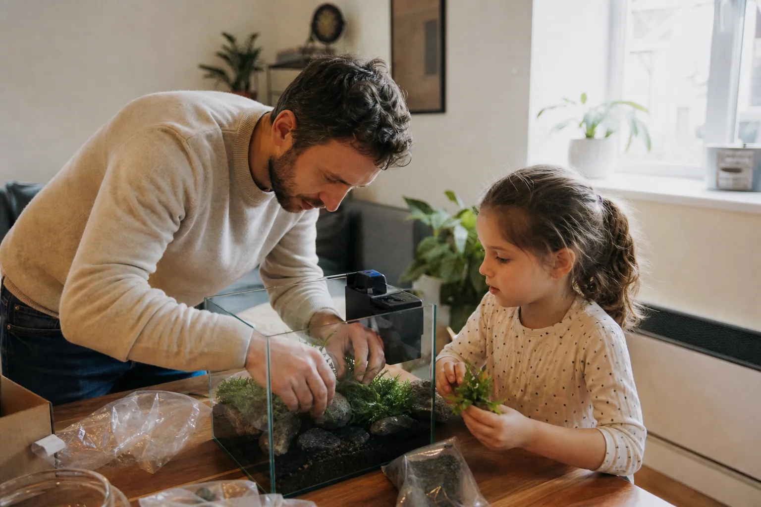 Parent et enfant installent un aquarium à la maison avec plantes et gravier.