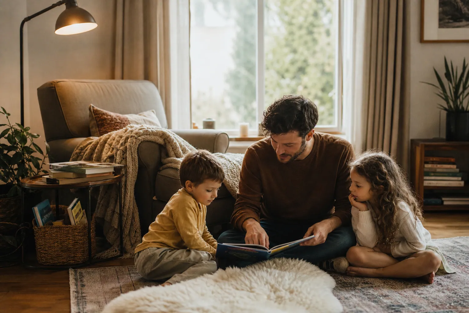 Coin lecture cosy dans un salon familial avec fauteuil, lampe et livres
