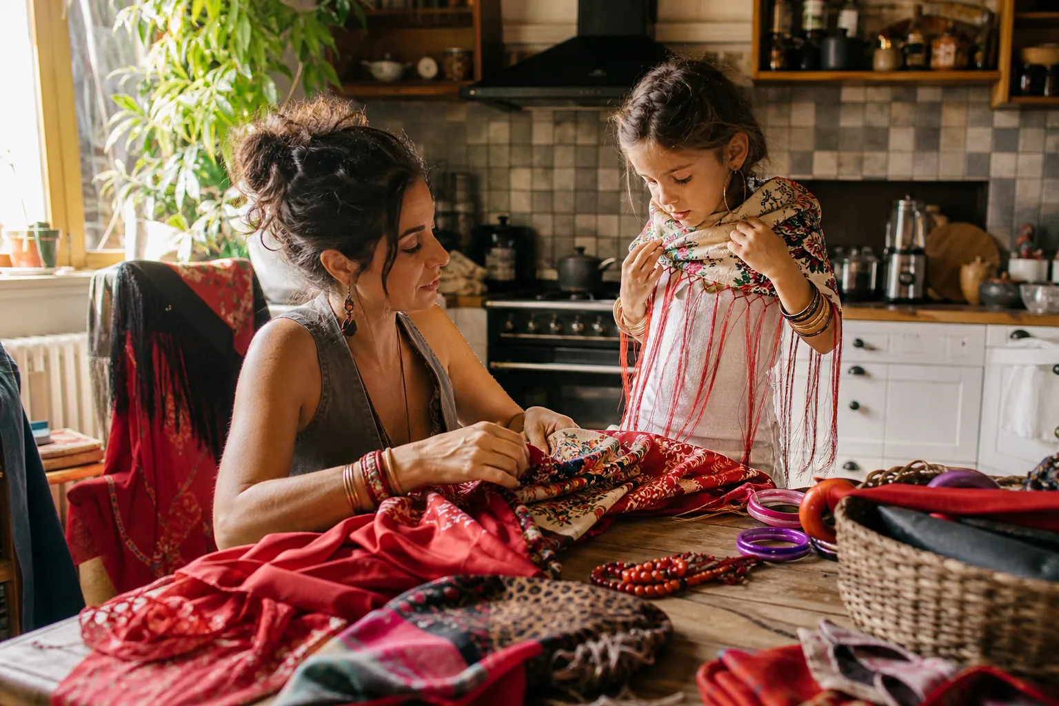 Parent et enfant préparent un déguisement bohème avec foulard, jupe longue et bijoux colorés.