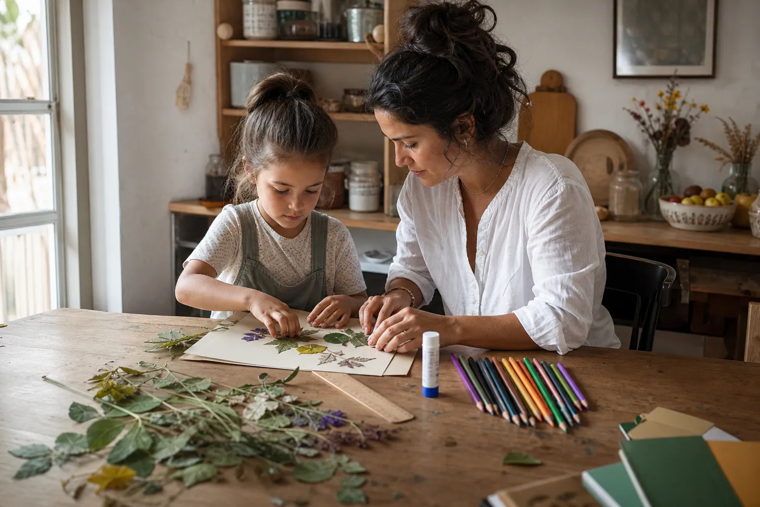 Parent et enfant fabriquant une page de garde d’herbier avec feuilles séchées et crayons.