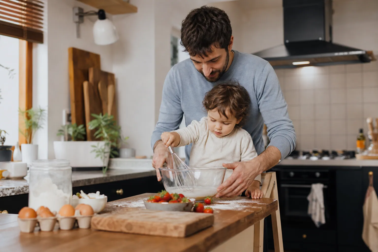 Parent et tout-petit mélangeant une préparation dans une cuisine familiale lumineuse