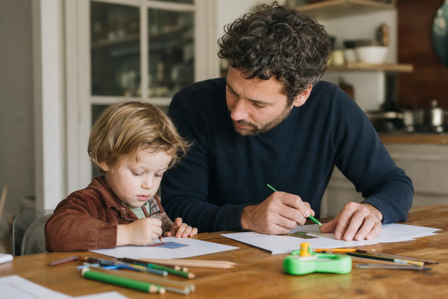 Parent et enfant dessinant un chapeau à la table, dans une ambiance chaleureuse.