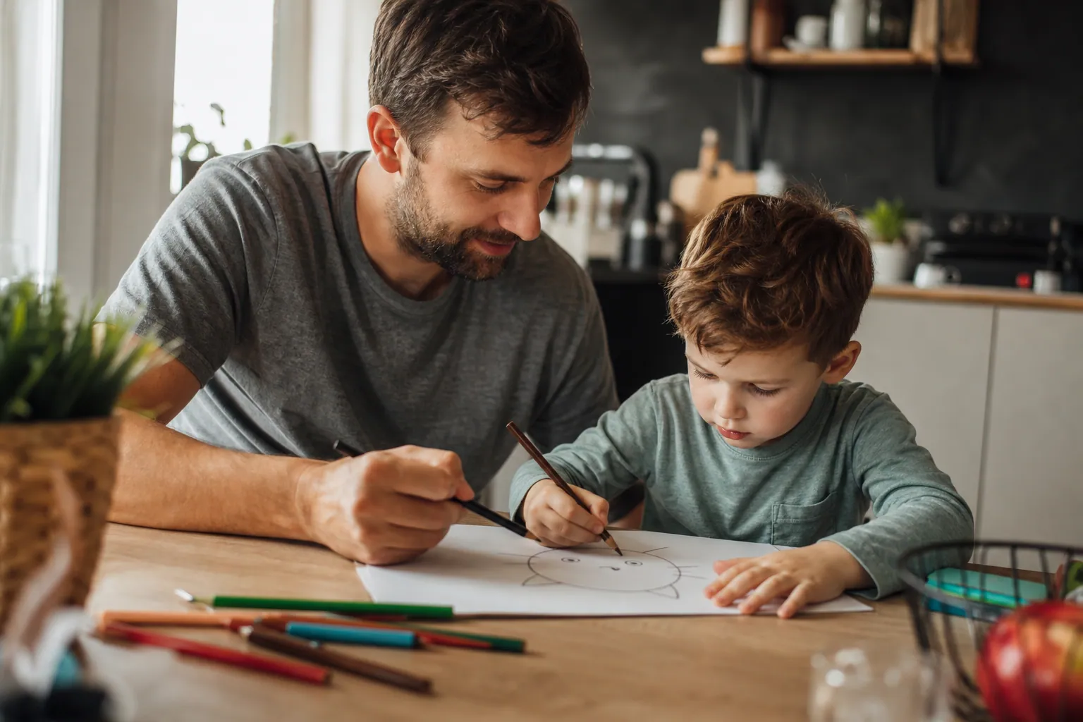 Enfant dessinant un chat avec un parent à la table du salon