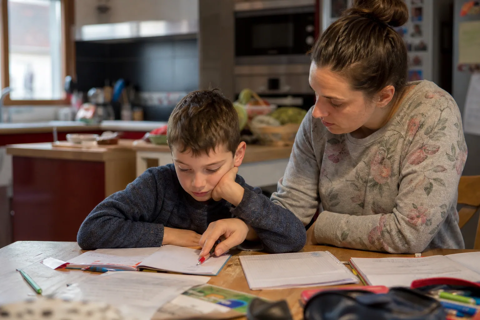Parent aidant son enfant à faire les devoirs autour d’un cahier, dans une cuisine lumineuse.