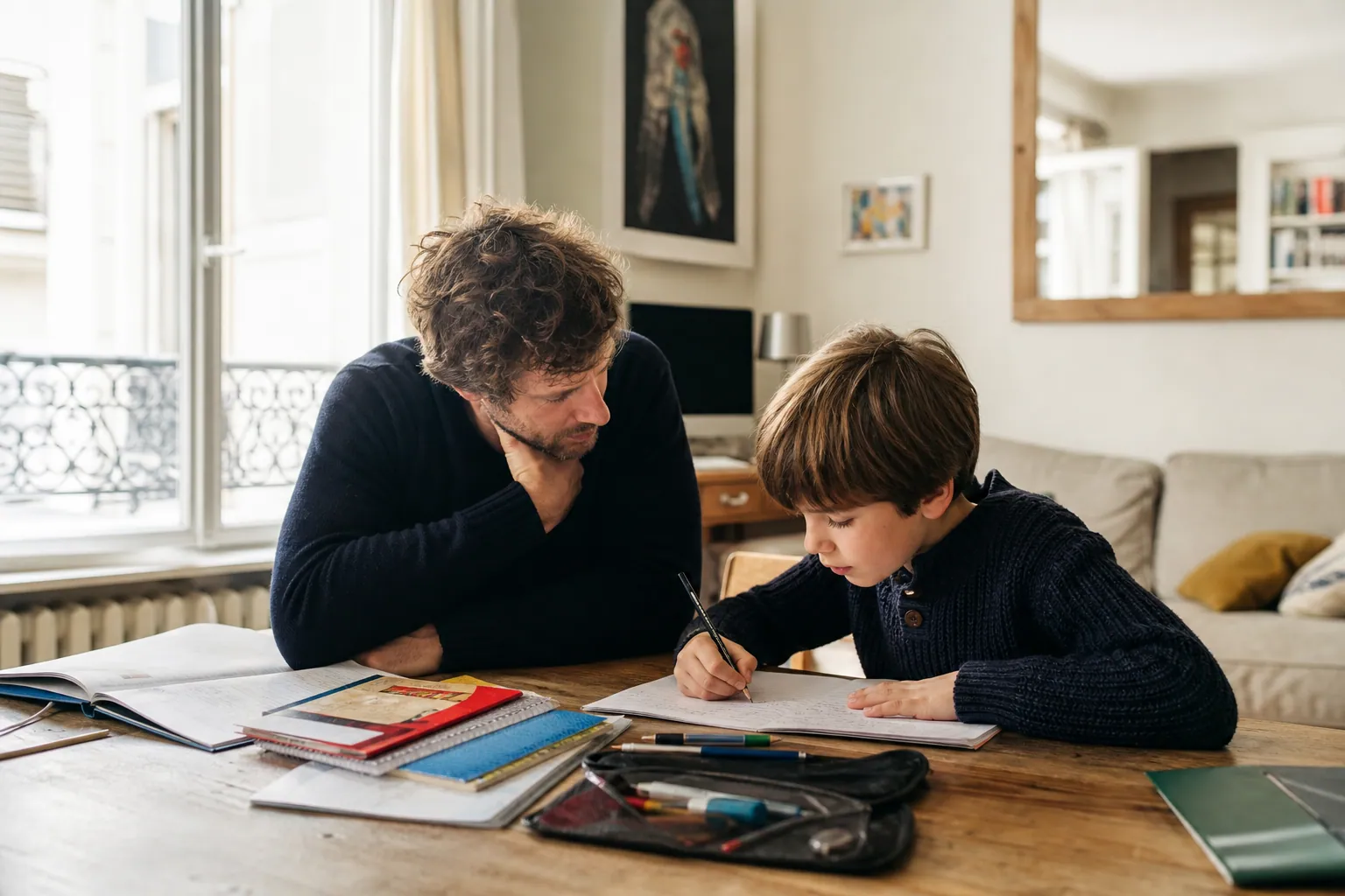 Parent aidant un enfant à faire l’école à la maison, dans un salon chaleureux.