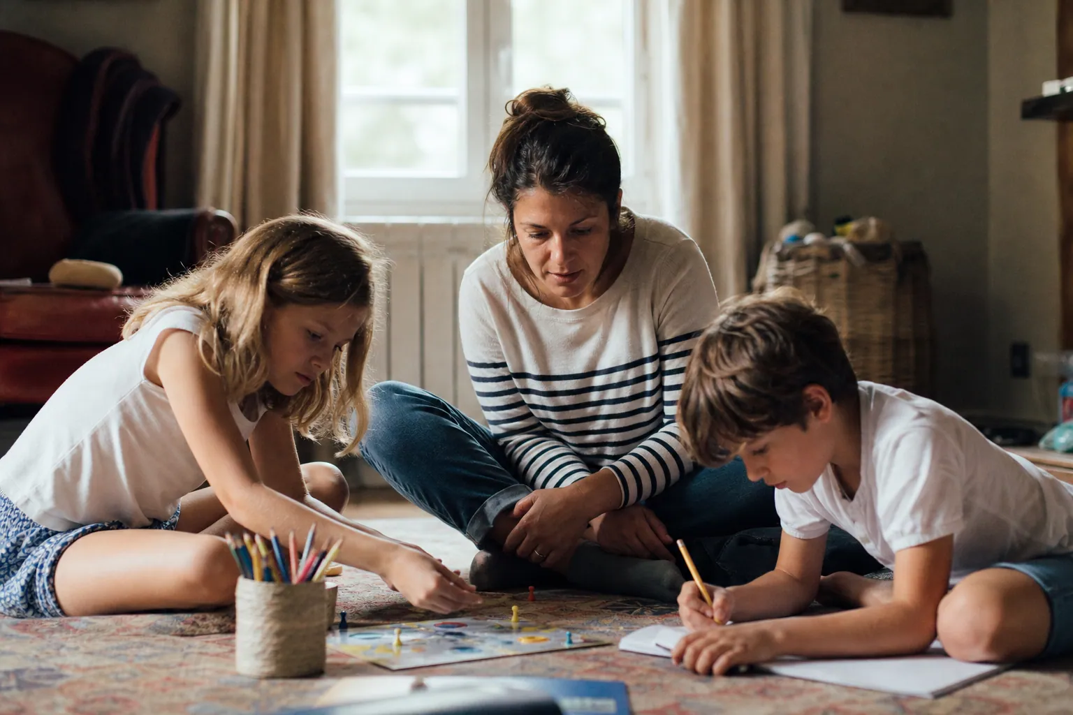 Parent et deux enfants jouant à un jeu de société à la maison, lumière naturelle douce.
