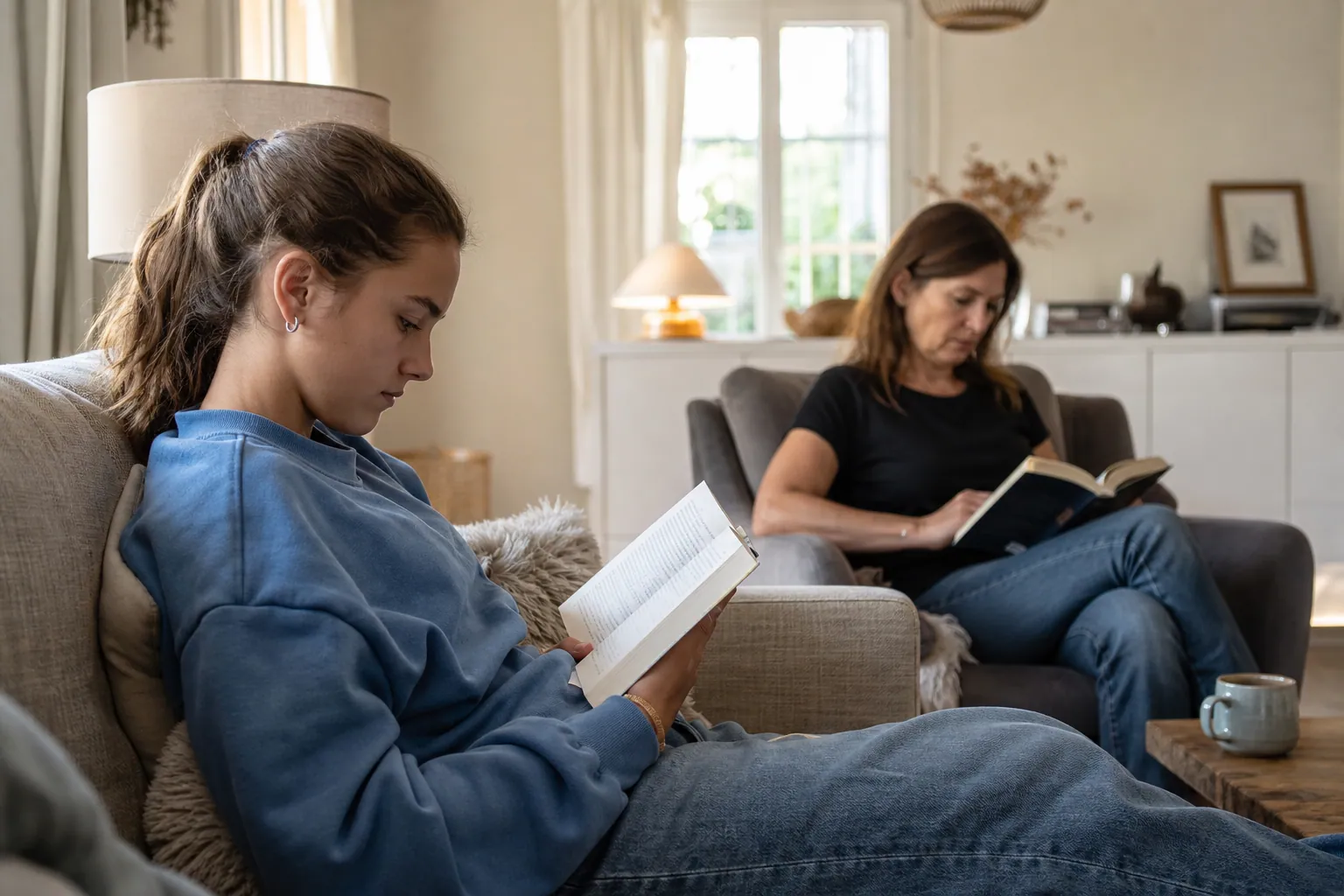 Parent et ado lisant chacun de leur côté dans un salon chaleureux