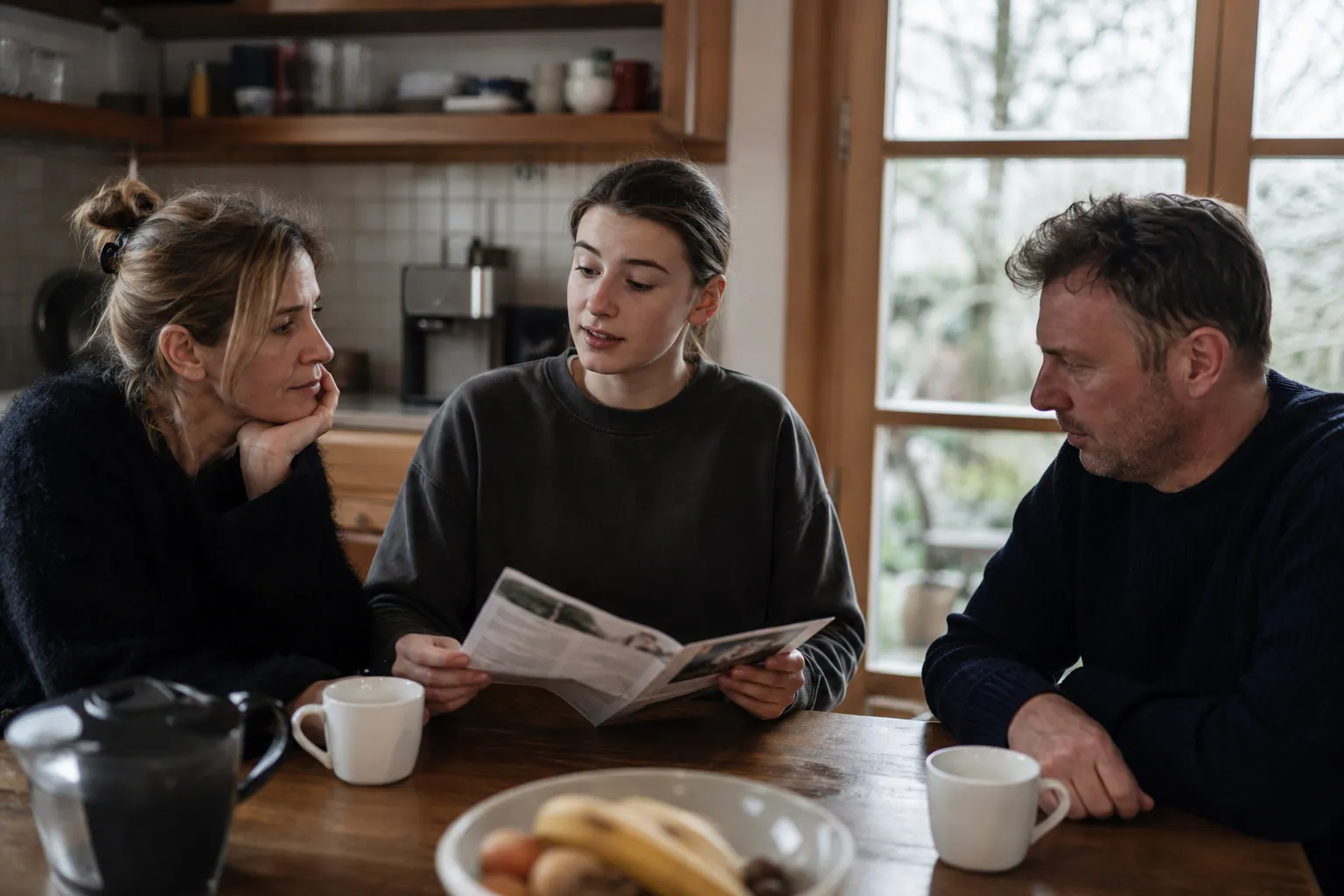 Parent et ado discutant d’une mission de bénévolat autour d’une table