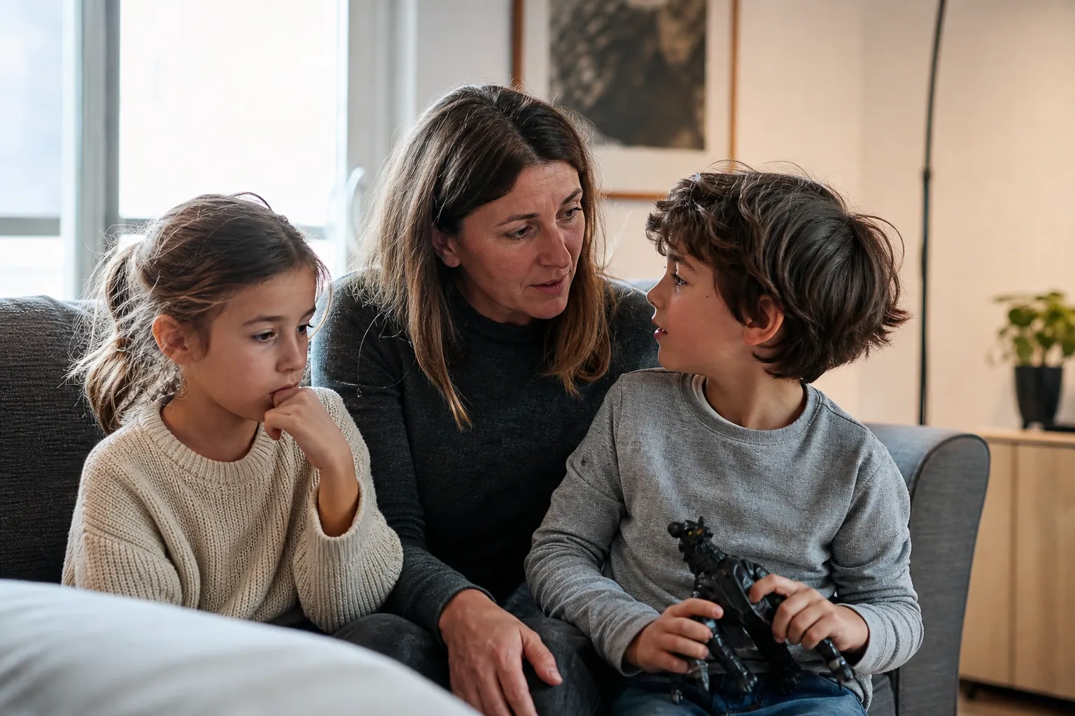 Parent parlant calmement avec deux enfants après une dispute, dans un salon chaleureux.