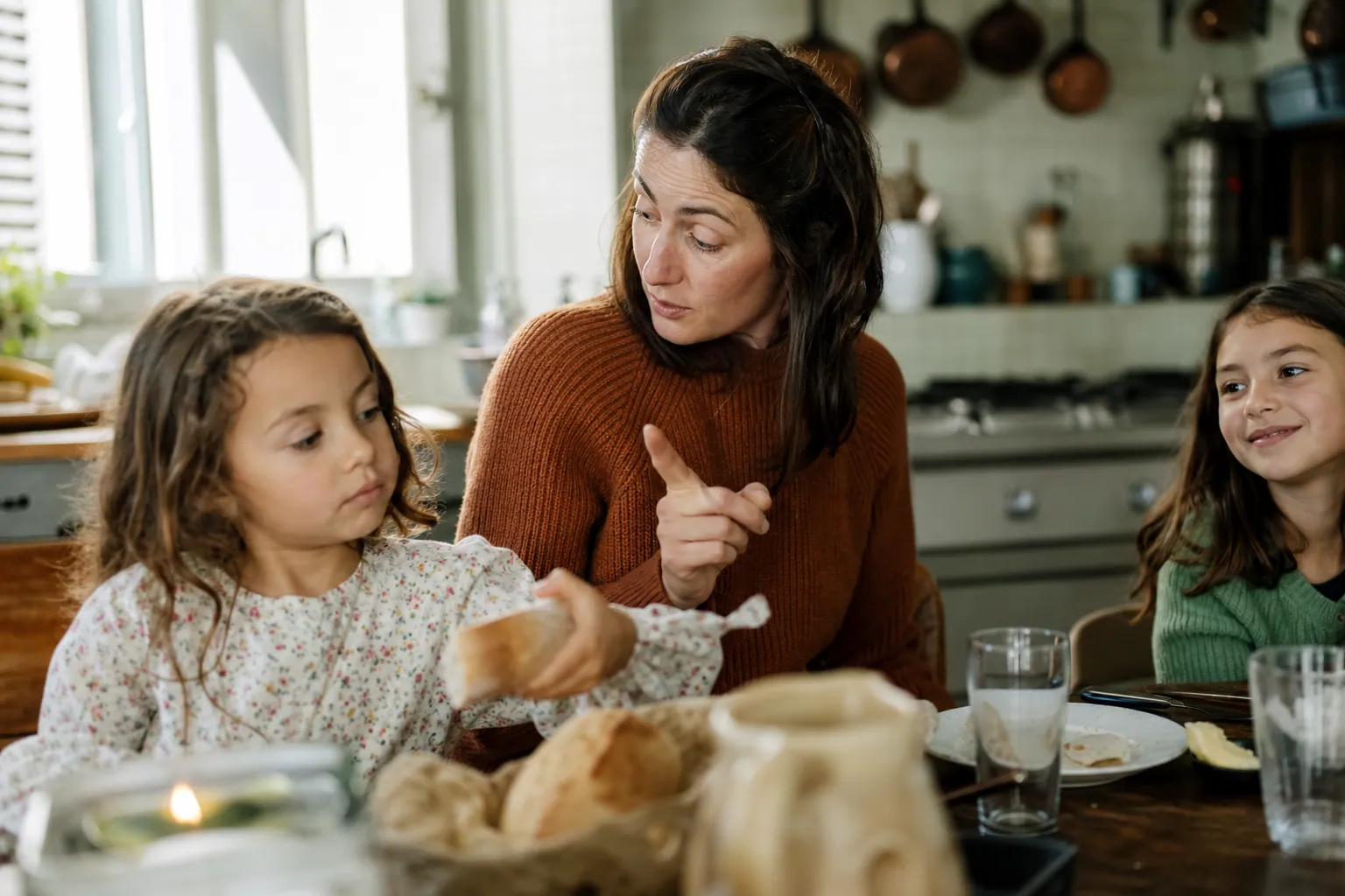 Parent rappelant poliment à son enfant de dire merci à table, dans une cuisine familiale chaleureuse.