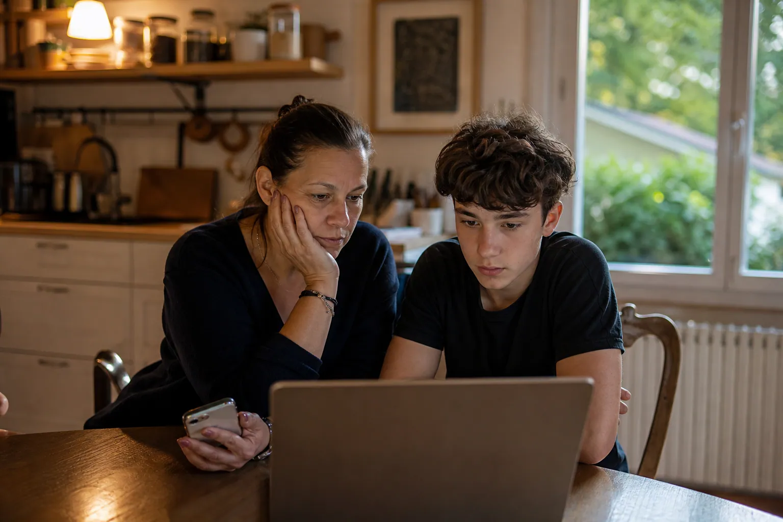 Parent et adolescent discutant d’une information sur ordinateur portable à la maison