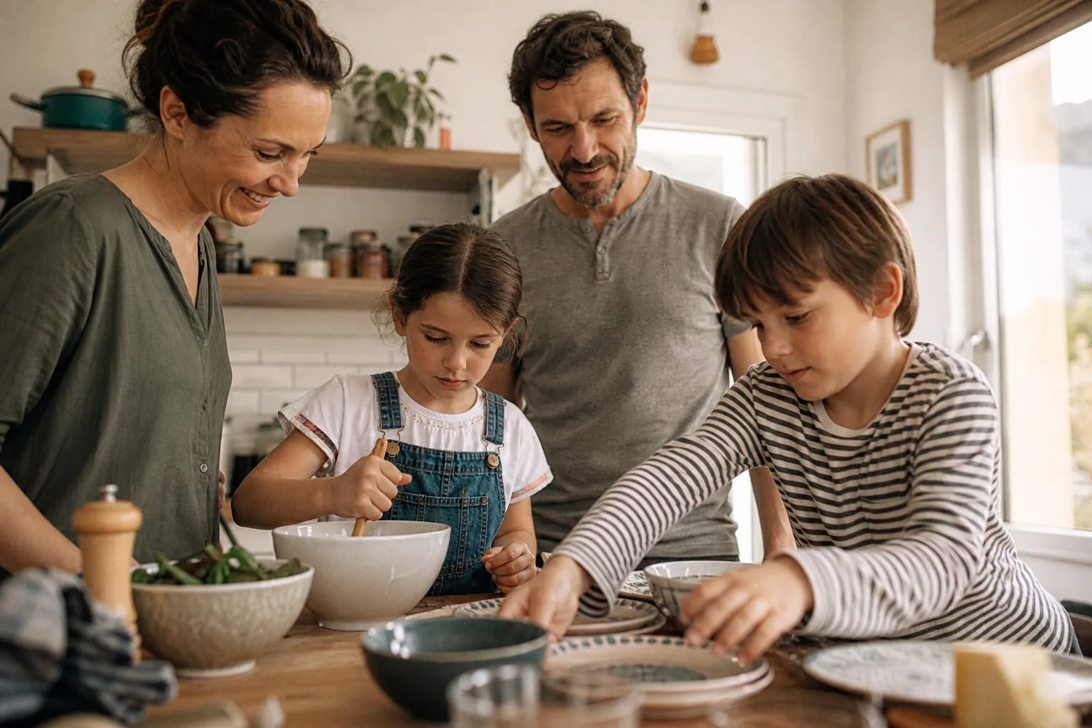 Parents et enfants cuisinant ensemble dans une cuisine lumineuse.