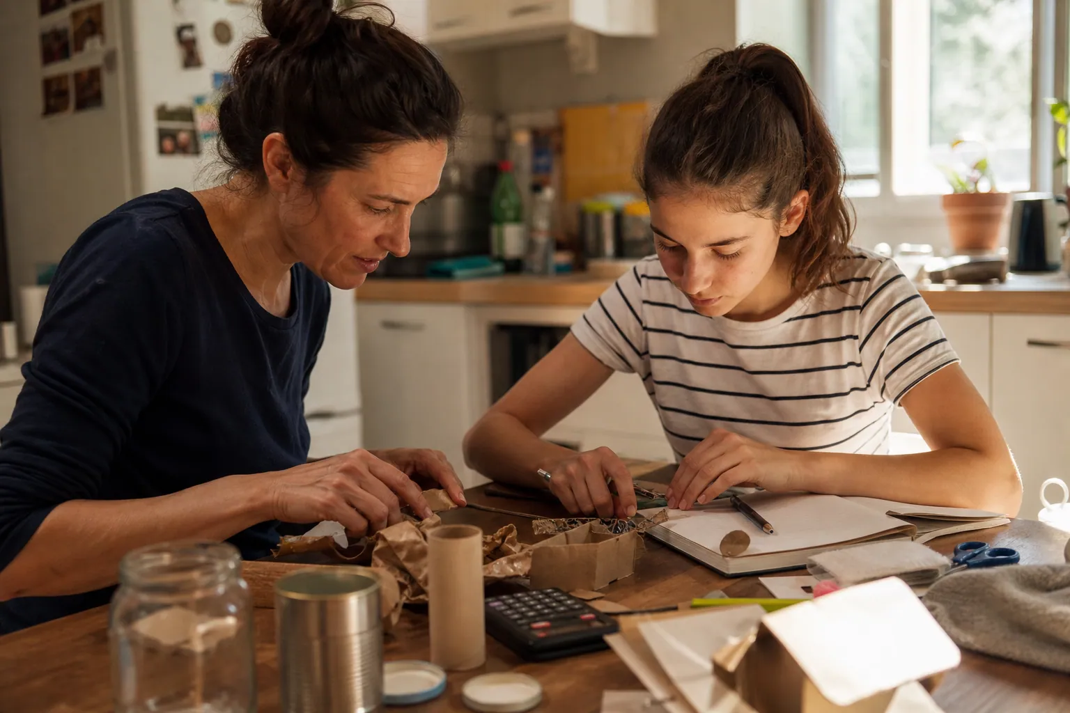 Parent et adolescent français travaillant ensemble sur un petit projet créatif à la maison.