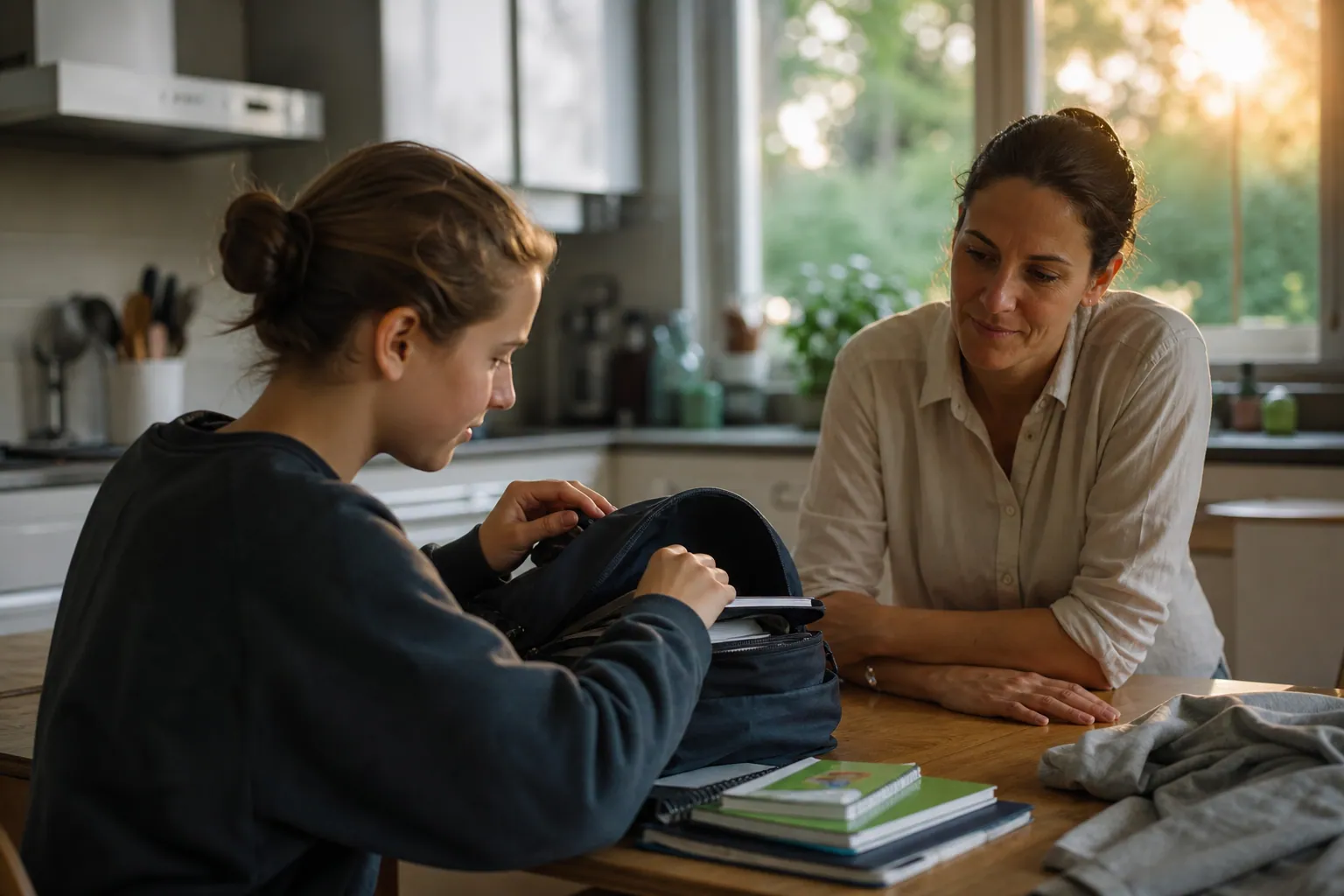 Un parent aide un adolescent à préparer son sac et son agenda à la maison.