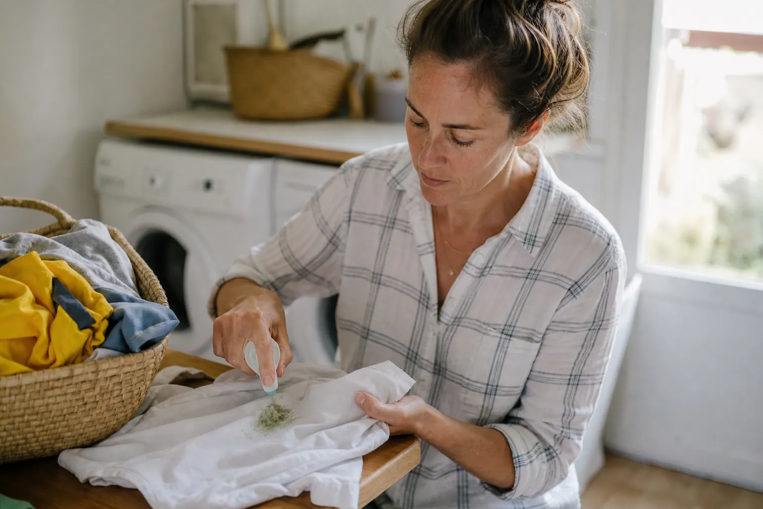 Parent traitant une tache d’herbe sur un t-shirt blanc d’enfant