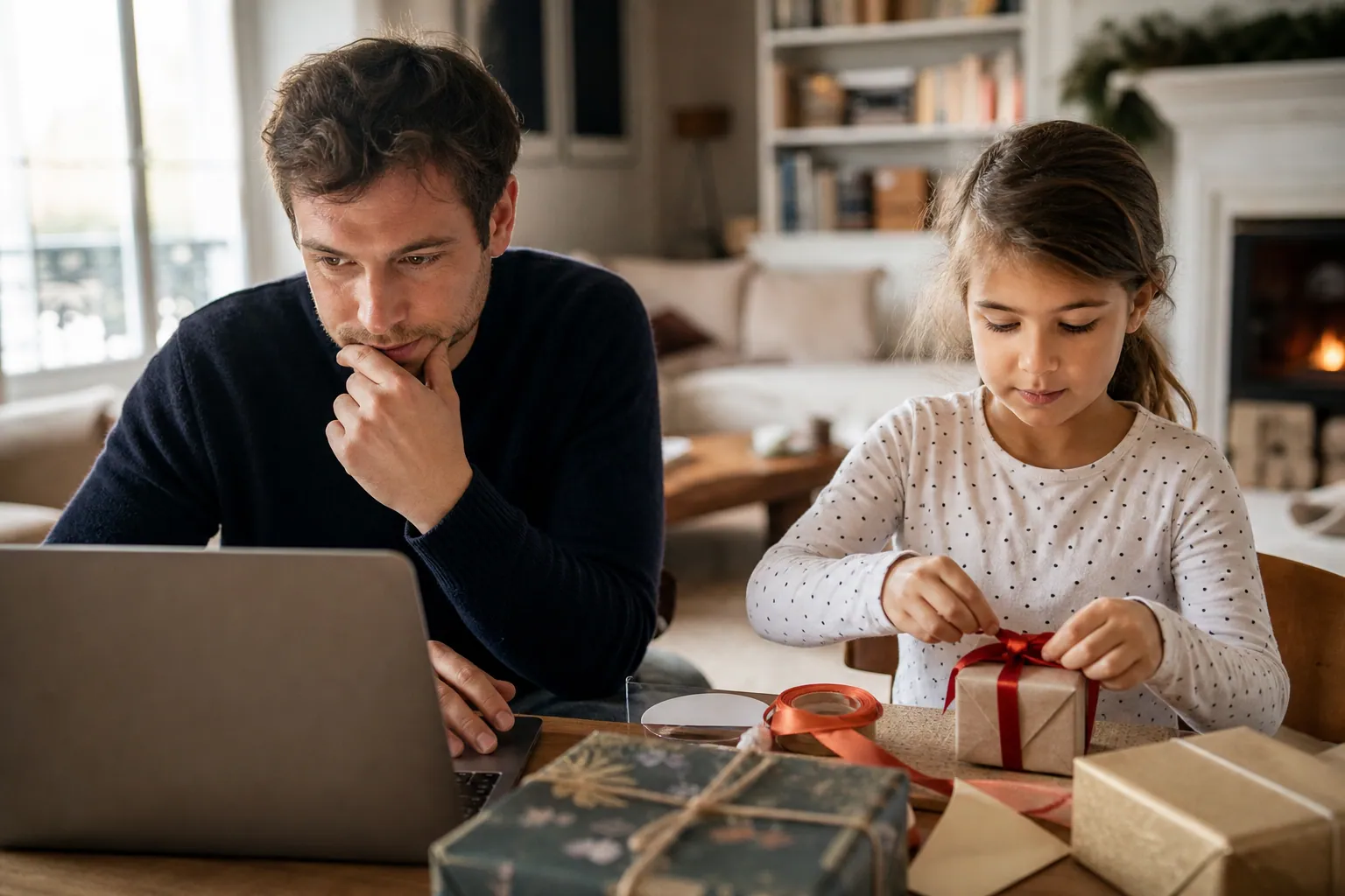 Parent et enfant préparent un cadeau en ligne dans un salon lumineux.