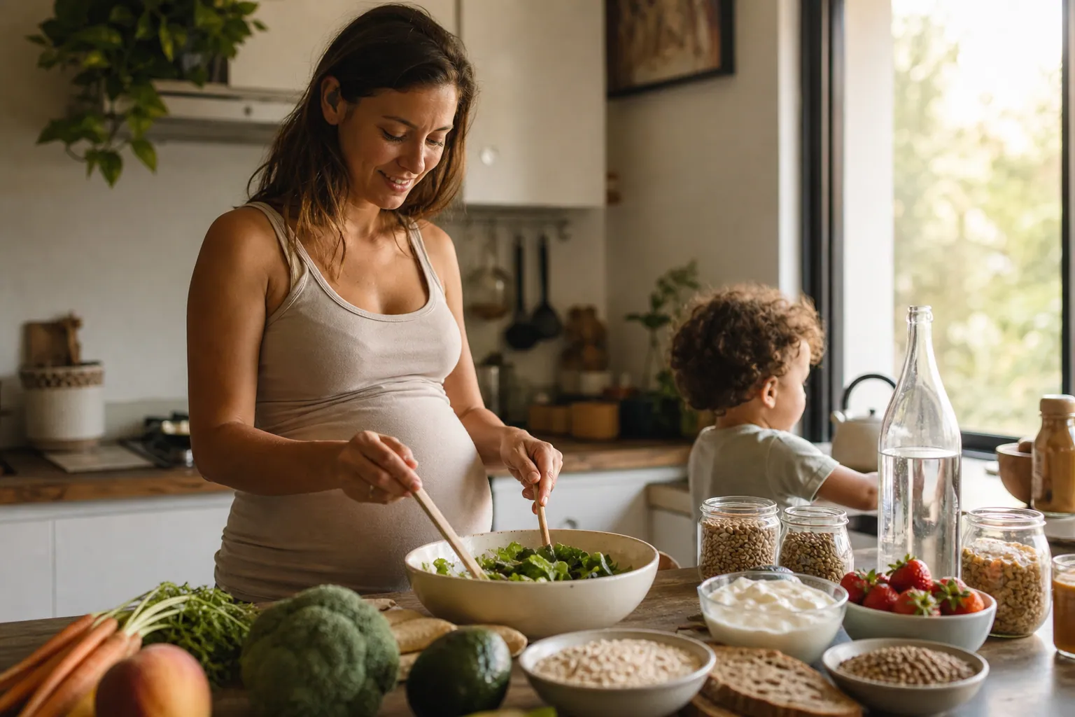Une future maman prépare un repas équilibré dans une cuisine familiale lumineuse.