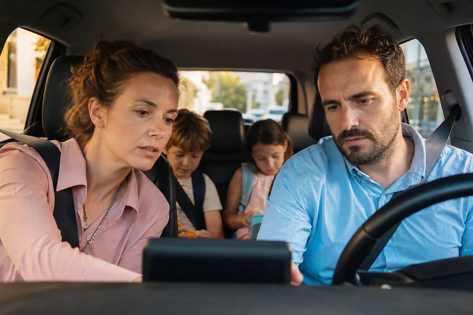 Famille française en voiture consultant le trajet avant de partir