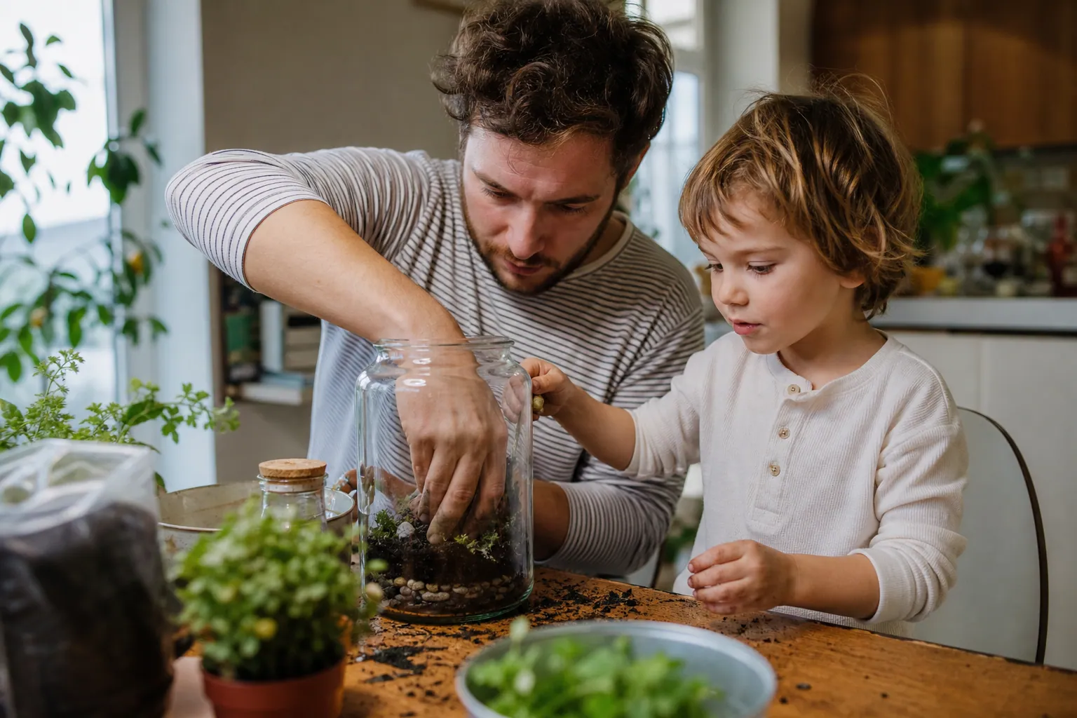 Parent et enfant fabriquant un terrarium dans un bocal en verre