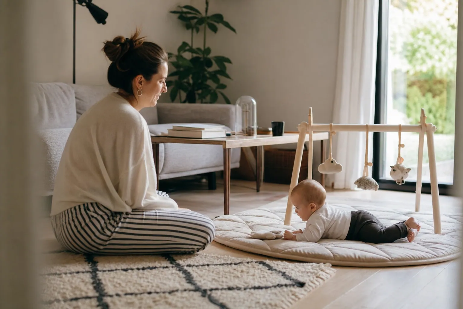 Un bébé joue au sol sur un tapis, accompagné par son parent dans un salon lumineux.