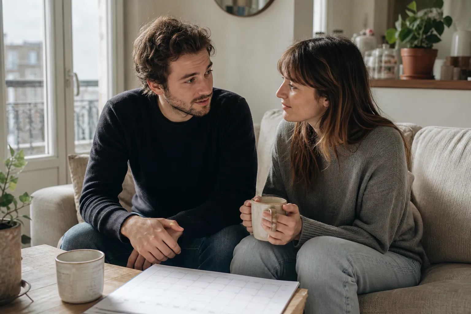 Un couple français discute de son projet bébé autour d’un calendrier