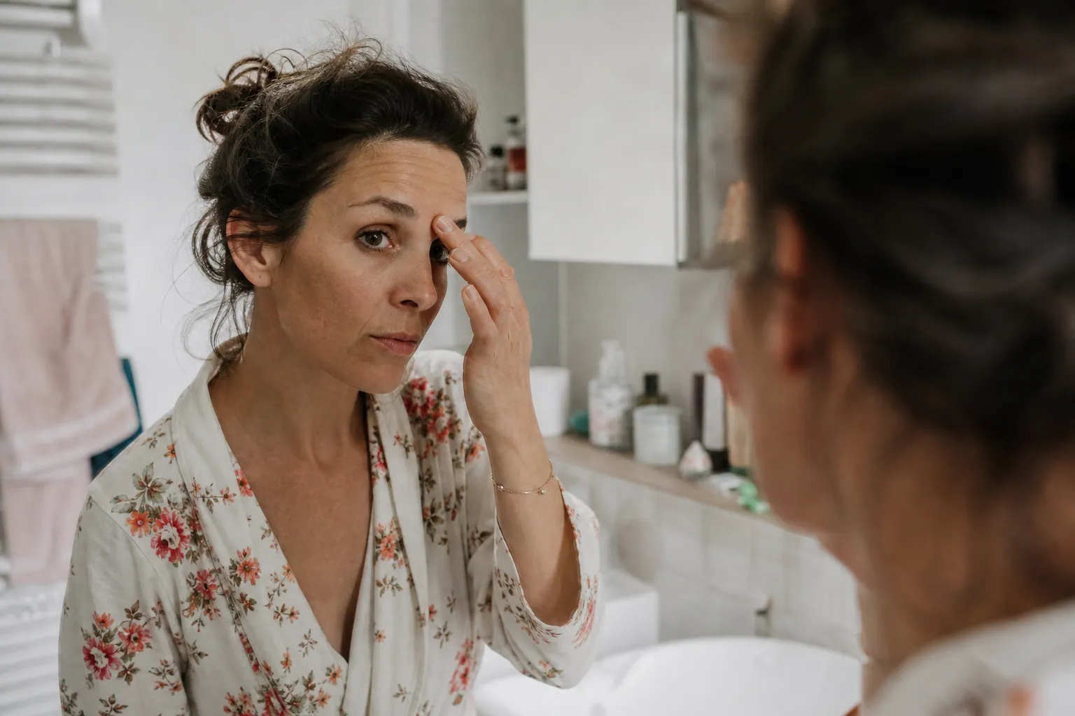 Une mère française se regarde dans le miroir en touchant la ride du lion, à la lumière du matin.