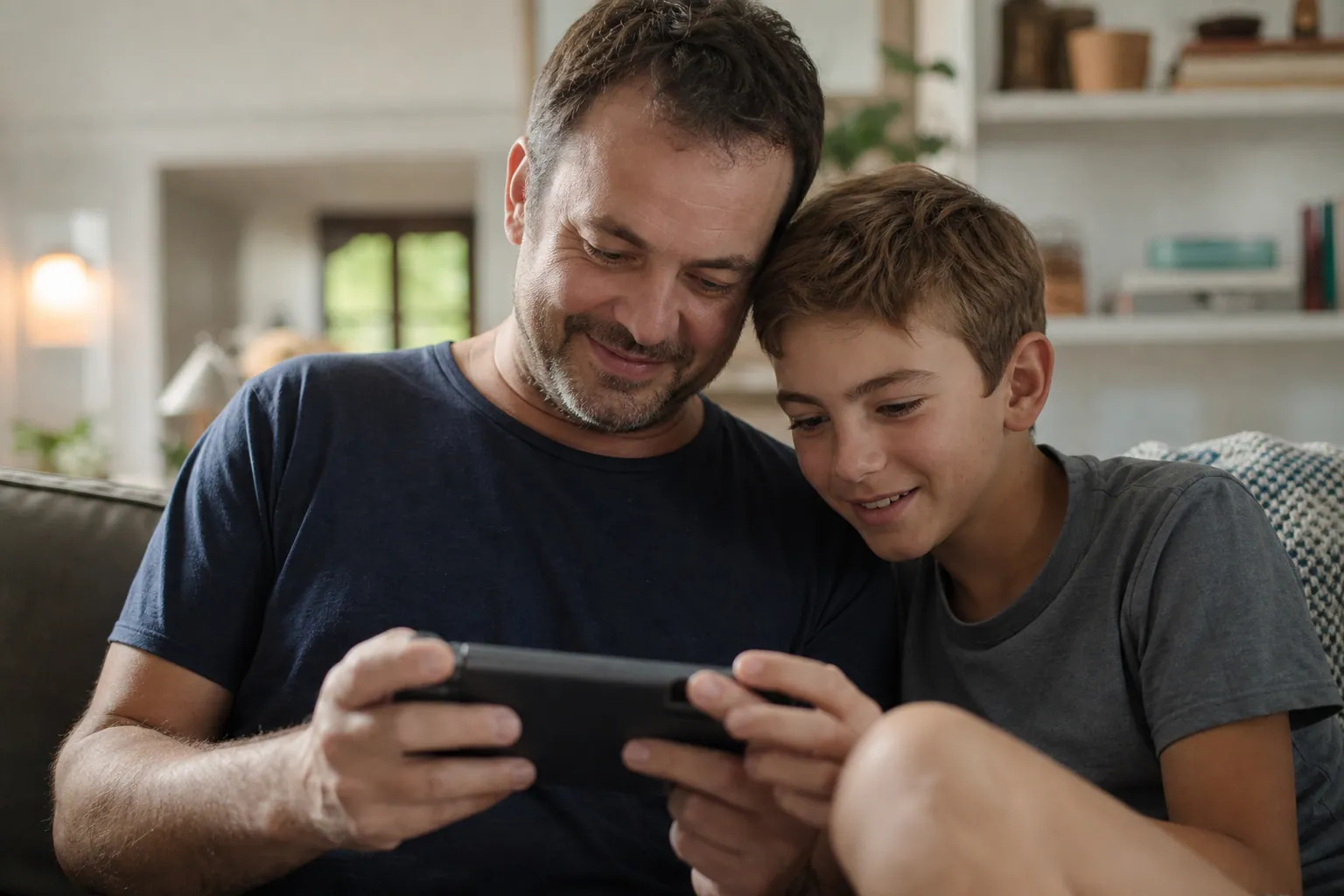 Parent et enfant jouant ensemble sur une console portable, dans un salon chaleureux.