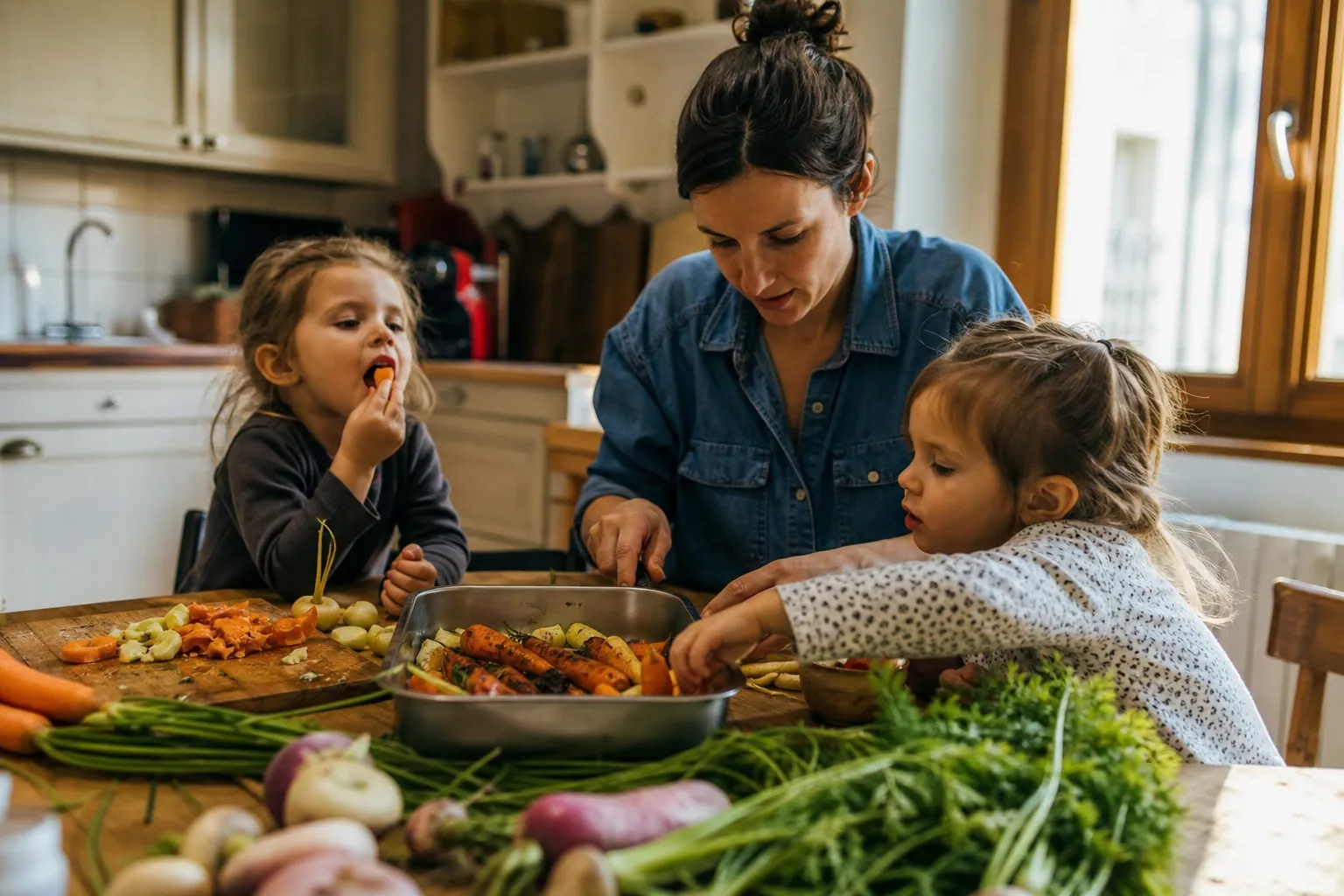 Parent et enfant cuisinant des légumes dans une cuisine familiale lumineuse.