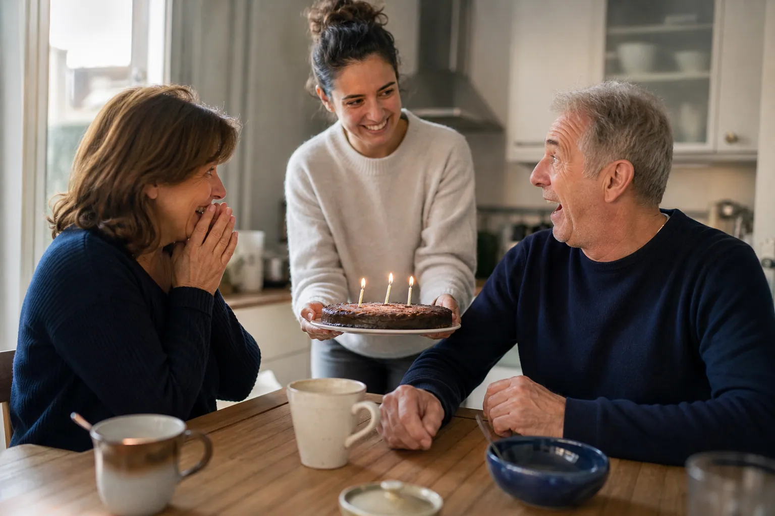 Un adulte offre un geste simple et chaleureux à ses parents autour d’une table en famille.