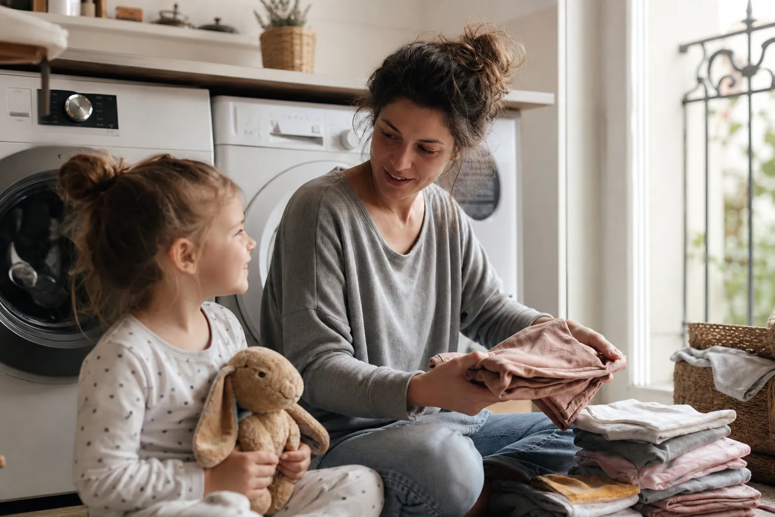 Parent pliant le linge d’un enfant dans une pièce lumineuse, avec des vêtements fraîchement lavés.