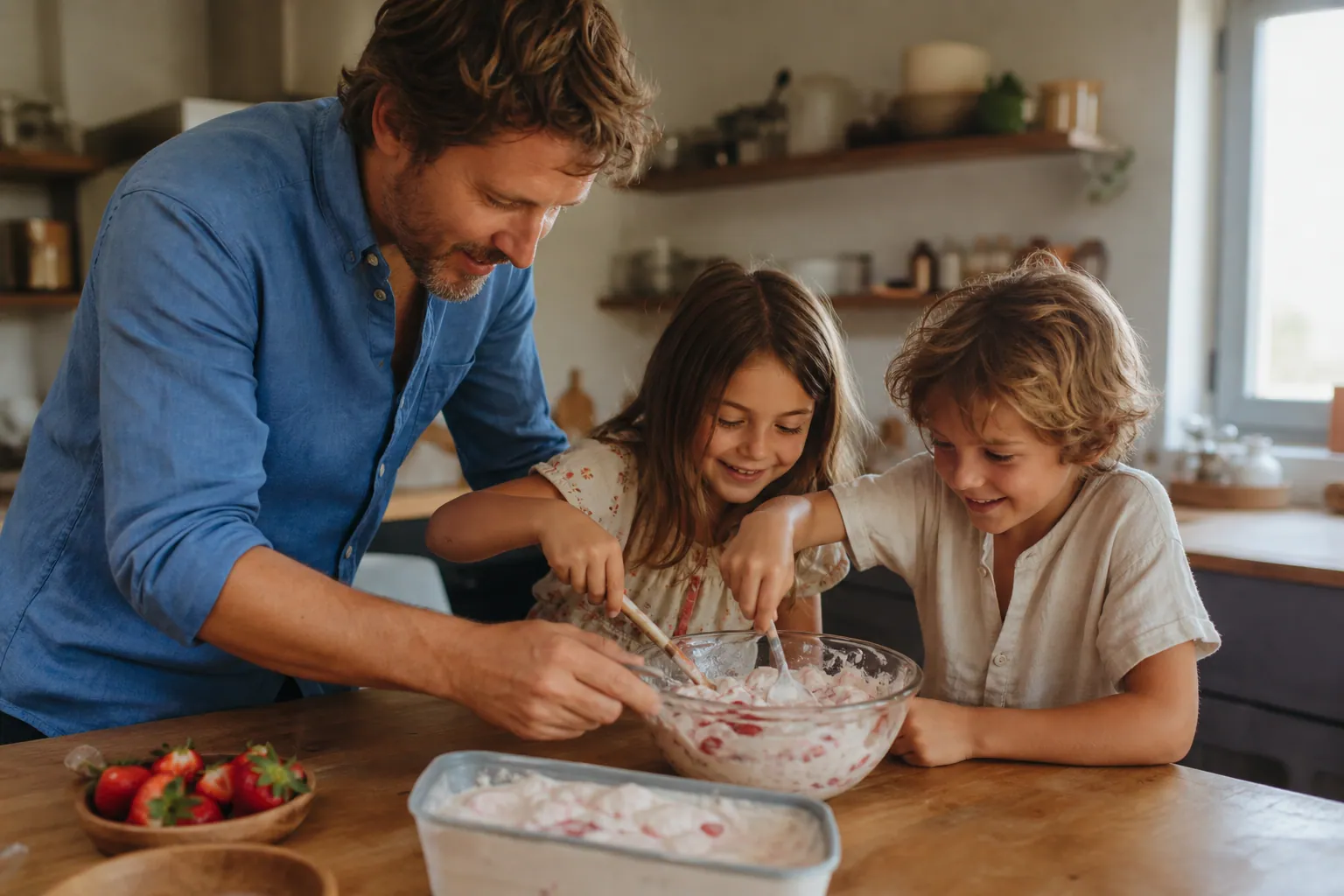 Parents et enfants préparant des glaces maison dans une cuisine lumineuse.