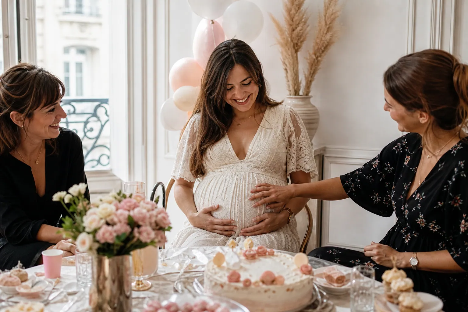 Future mère entourée de proches lors d’une baby shower chaleureuse