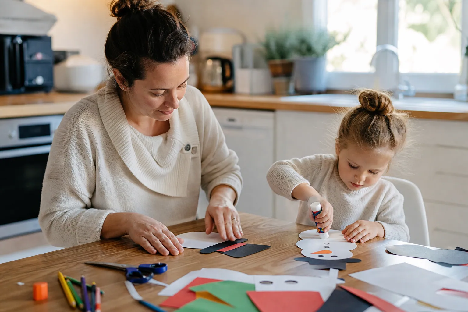 Parent et enfant fabriquant un bonhomme de neige en papier à la maison, en hiver.