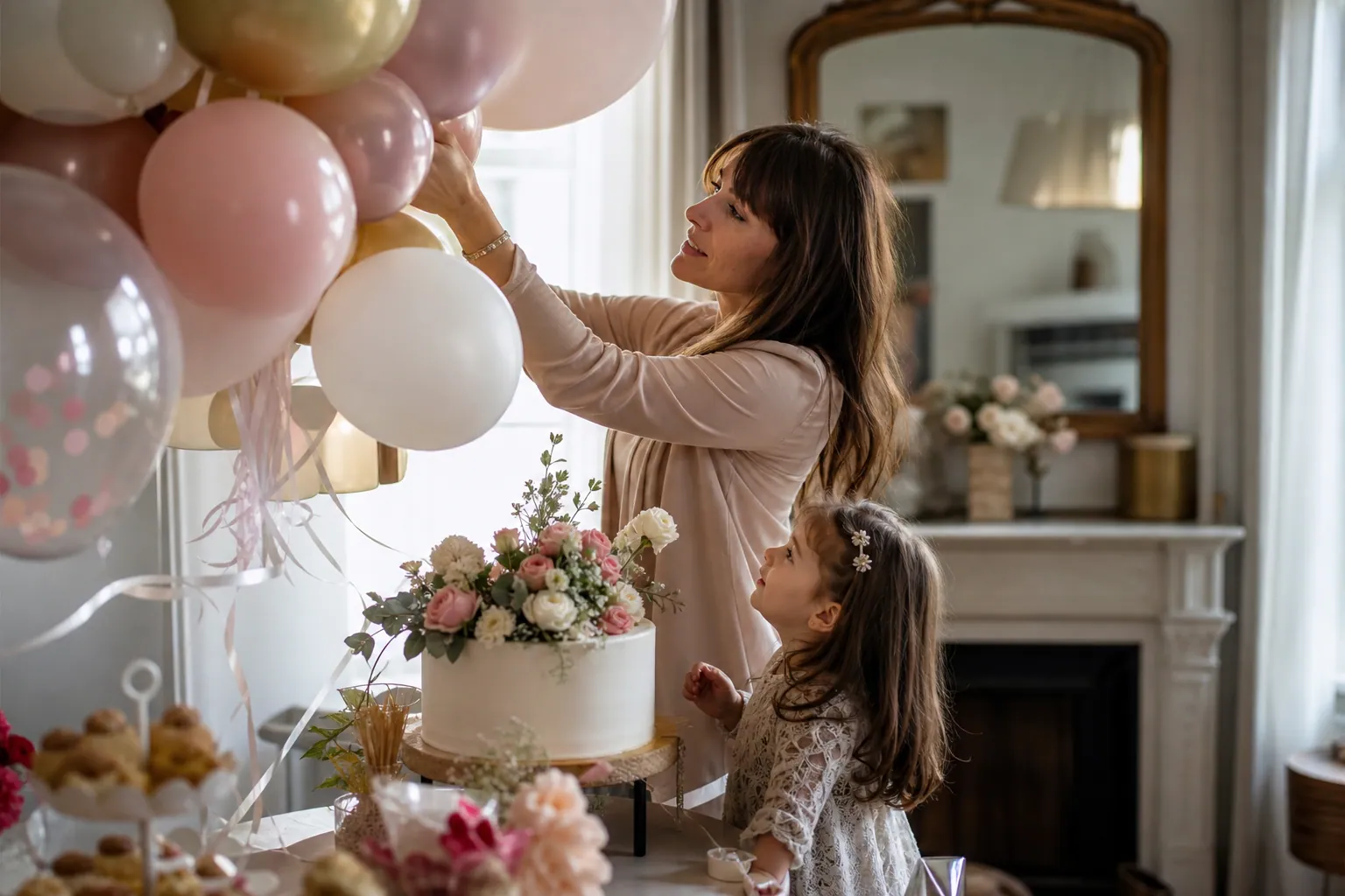 Mère et fille décorent une fête d’anniversaire pastel à la maison