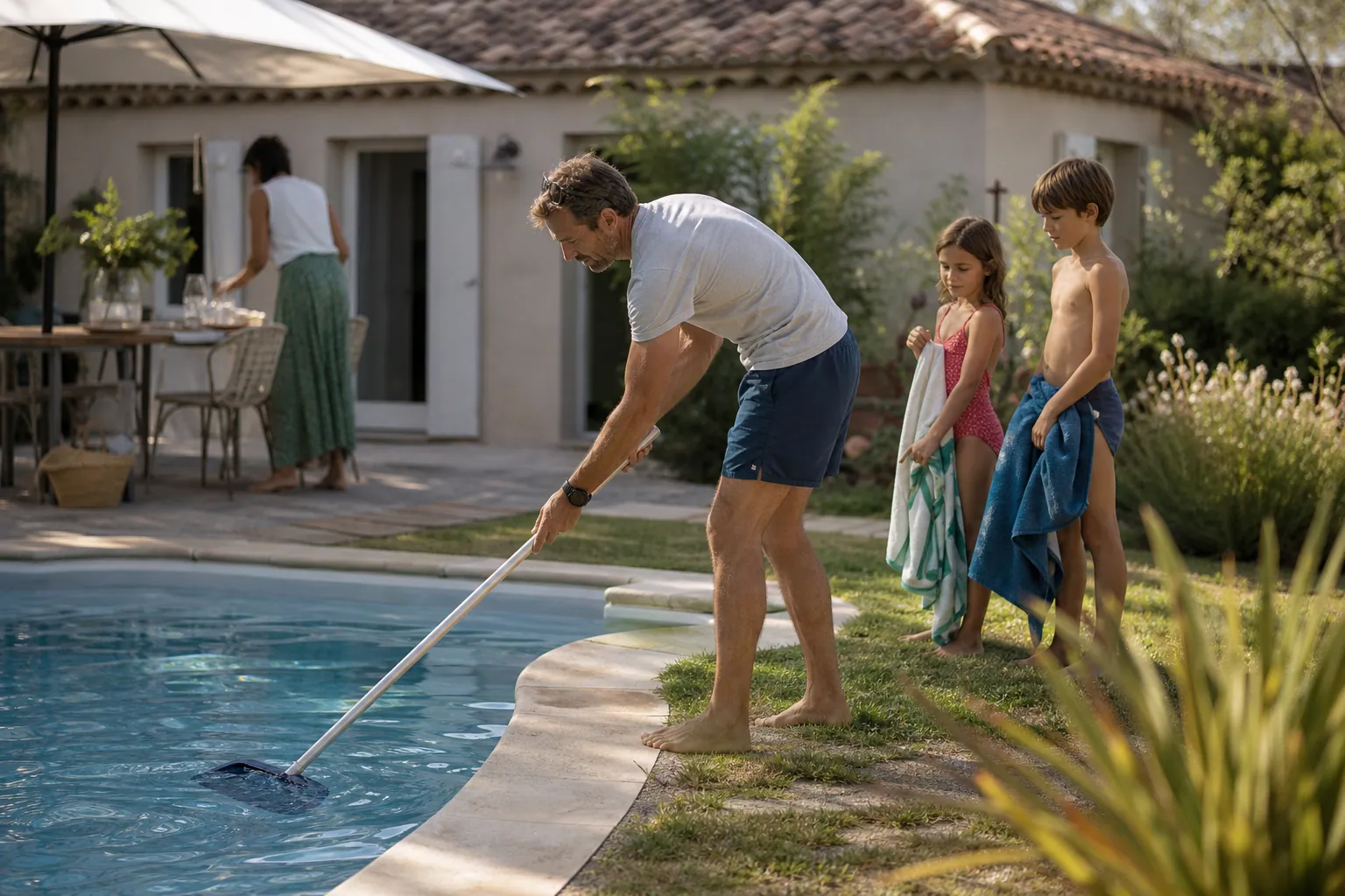 Parent nettoyant l’eau d’une piscine familiale pendant que les enfants attendent au bord du bassin.