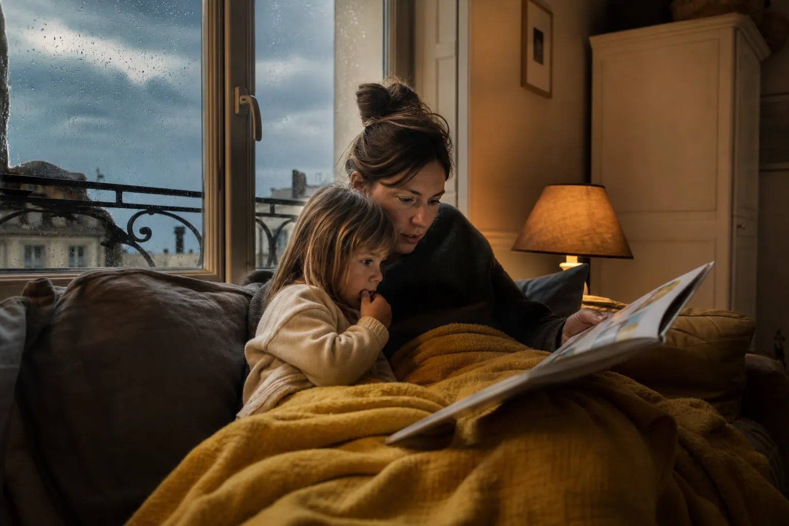 Un parent rassure son enfant sur le canapé pendant un orage, à la maison.