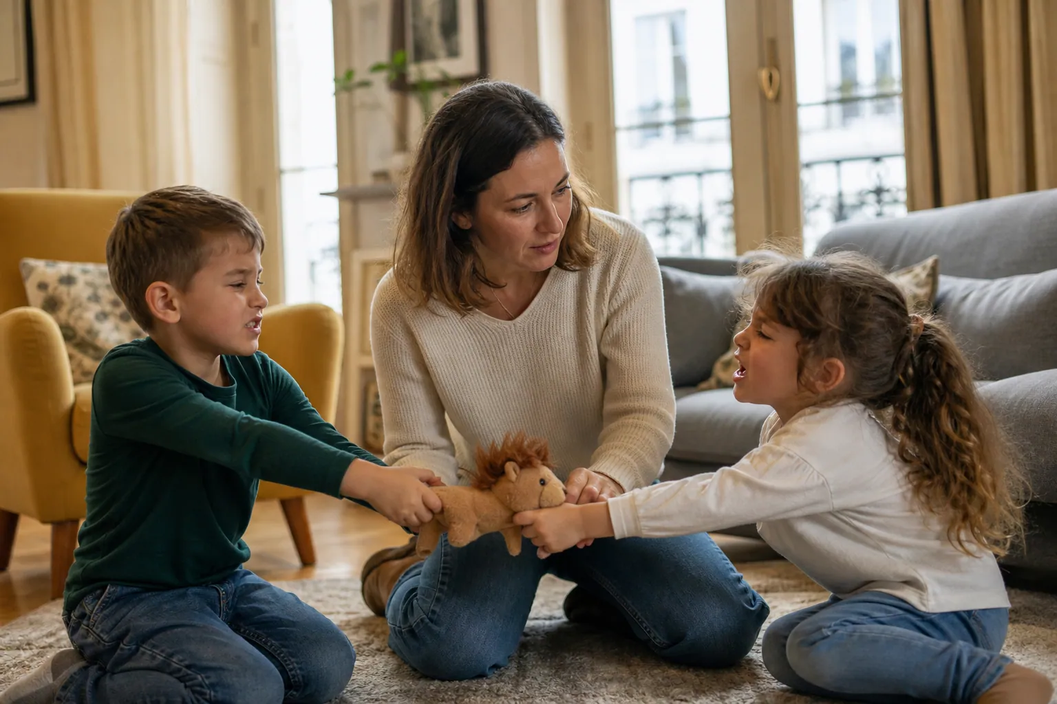 Parent français apaisant une dispute entre deux enfants dans le salon