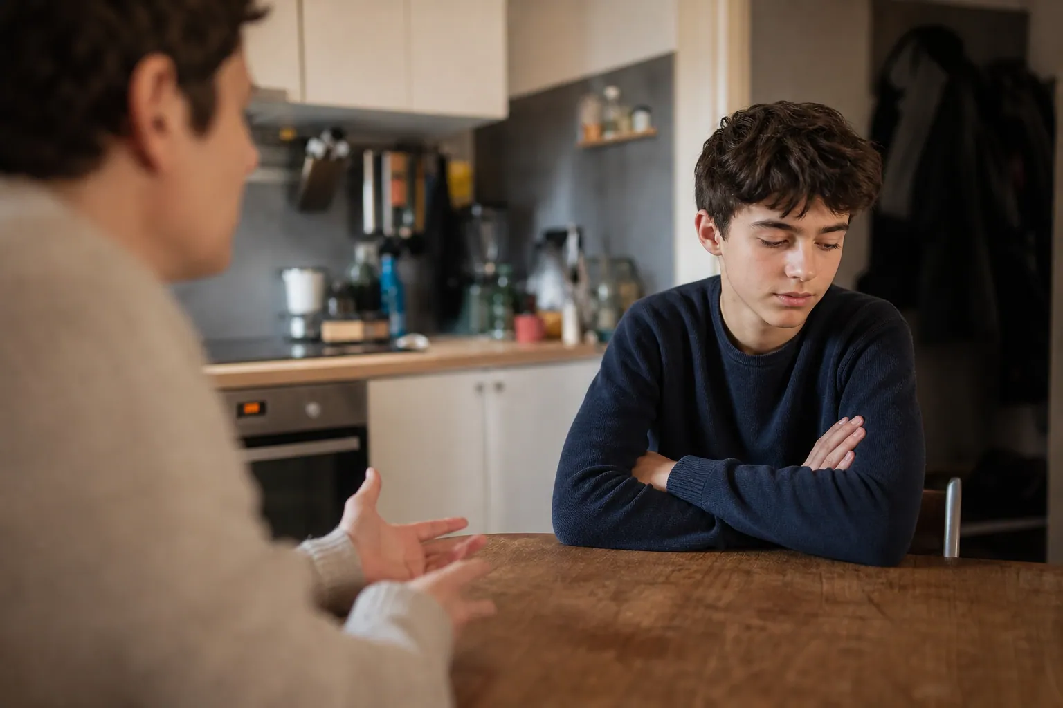 Parent et adolescent français en discussion calme et tendue autour de la table